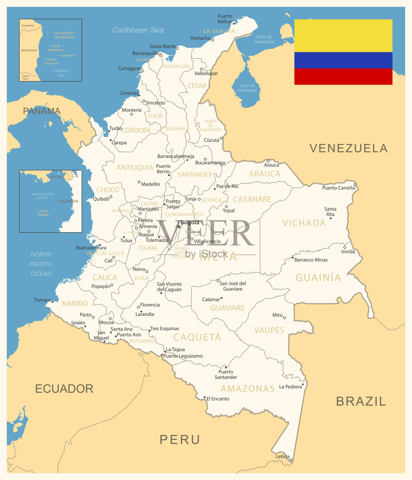 哥伦比亚-带有行政区划和国旗的详细地图。矢量图插画图片素材