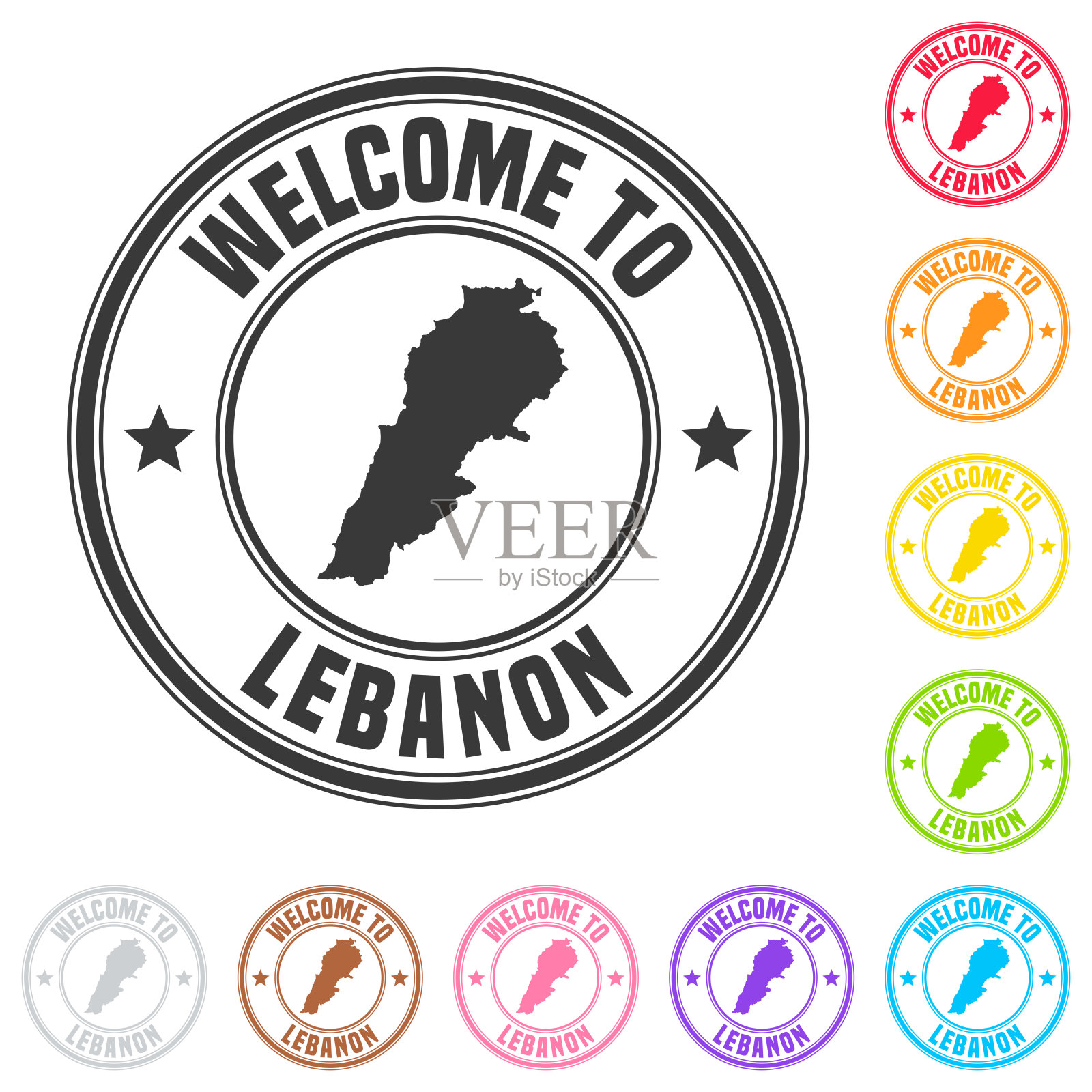 欢迎来到黎巴嫩邮票-彩色徽章上的白色背景插画图片素材