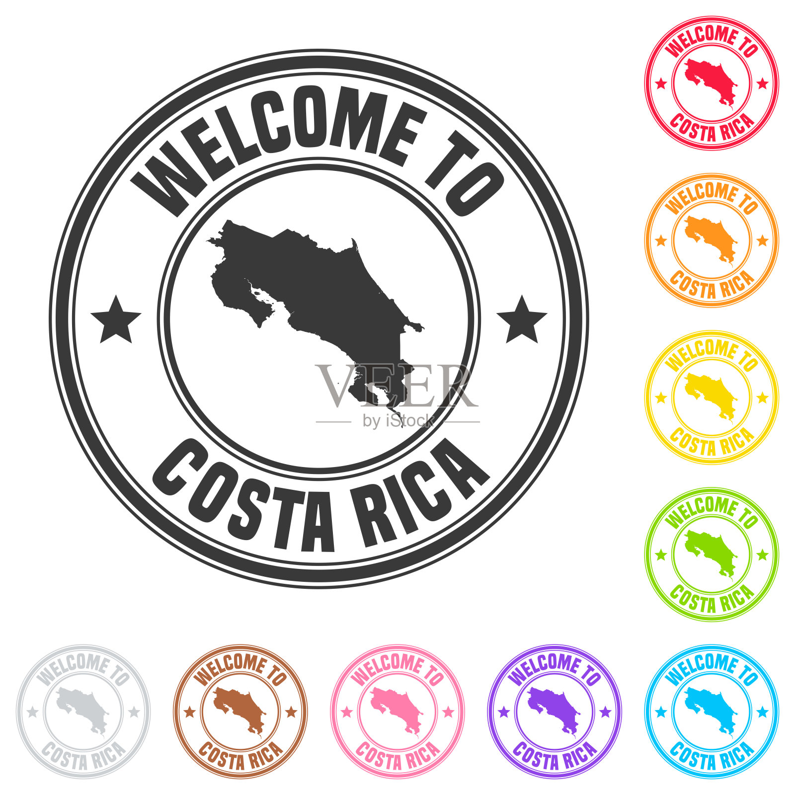 欢迎来到哥斯达黎加邮票-白底彩色徽章插画图片素材