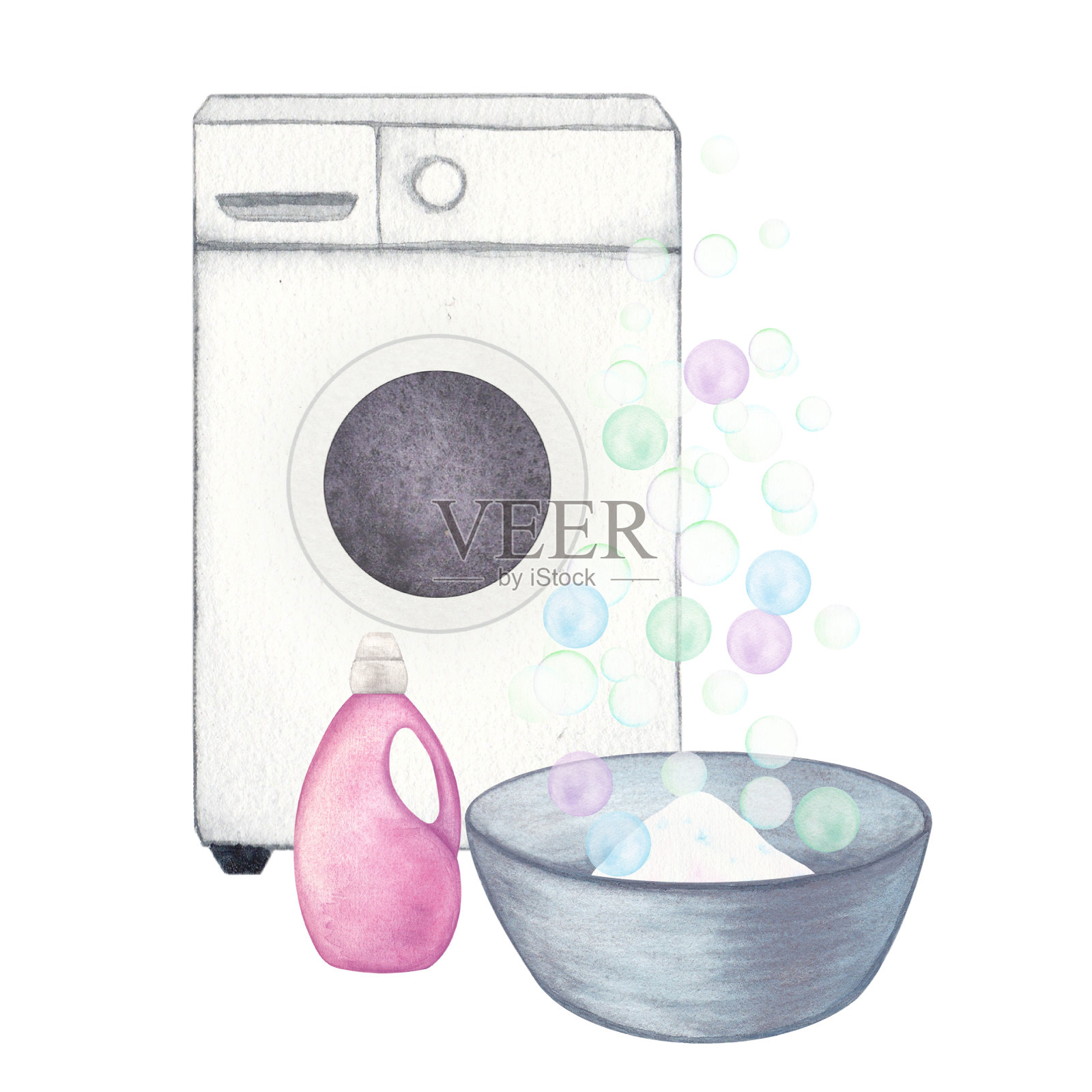 衣服。由洗衣机、面盆、洗涤液、洗衣粉、肥皂、气泡组成。白色背景水彩插图。手绘。的明信片插画图片素材