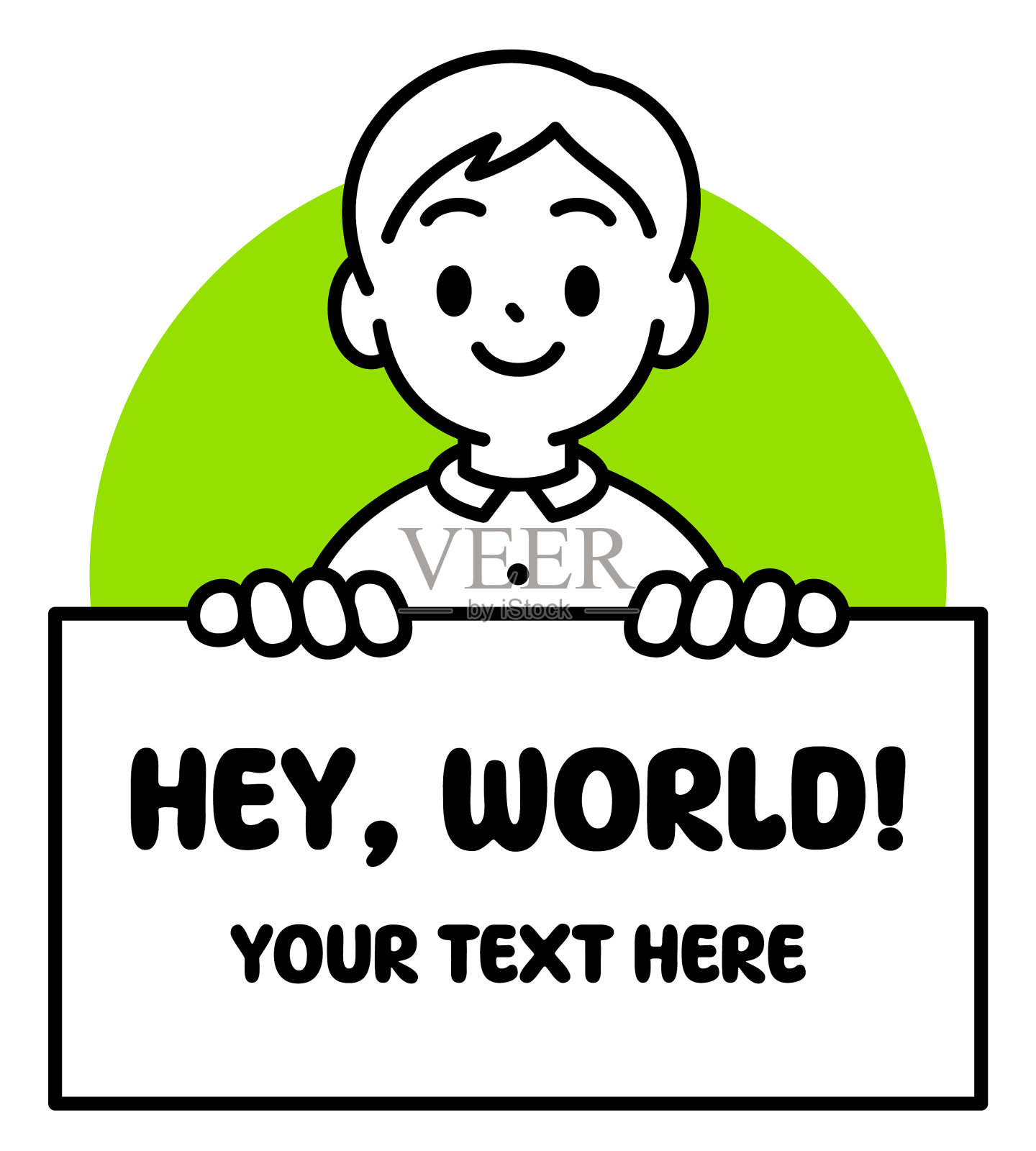 一个男孩开心地举着一个空白的牌子，看着观众，极简风格，黑白轮廓插画图片素材