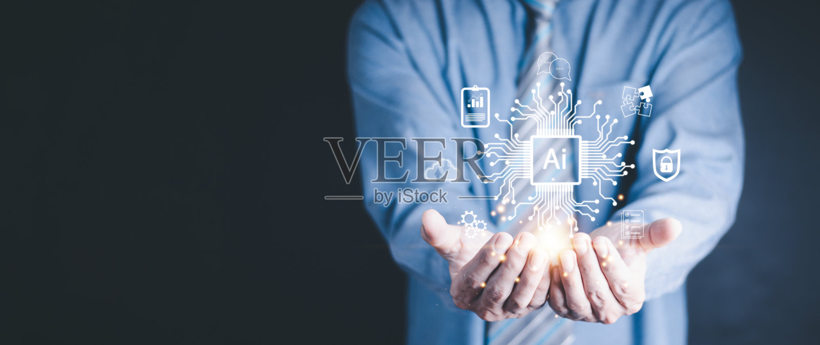 Ai技术，人工智能。人类使用人工智能技术智能机器人AI，人工智能通过输入命令提示符来生成一些东西，未来科技转型。与AI聊天照片摄影图片