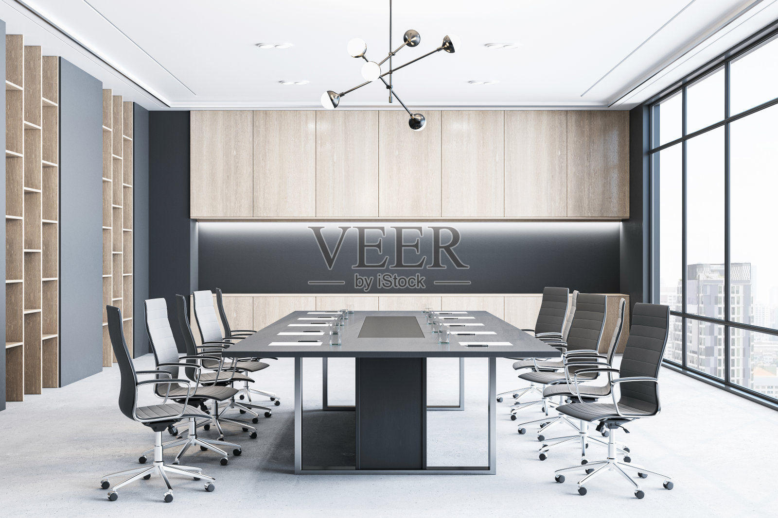 现代空会议室内部的正面视图，办公桌椅，窗户，混凝土地板和木墙。三维渲染照片摄影图片