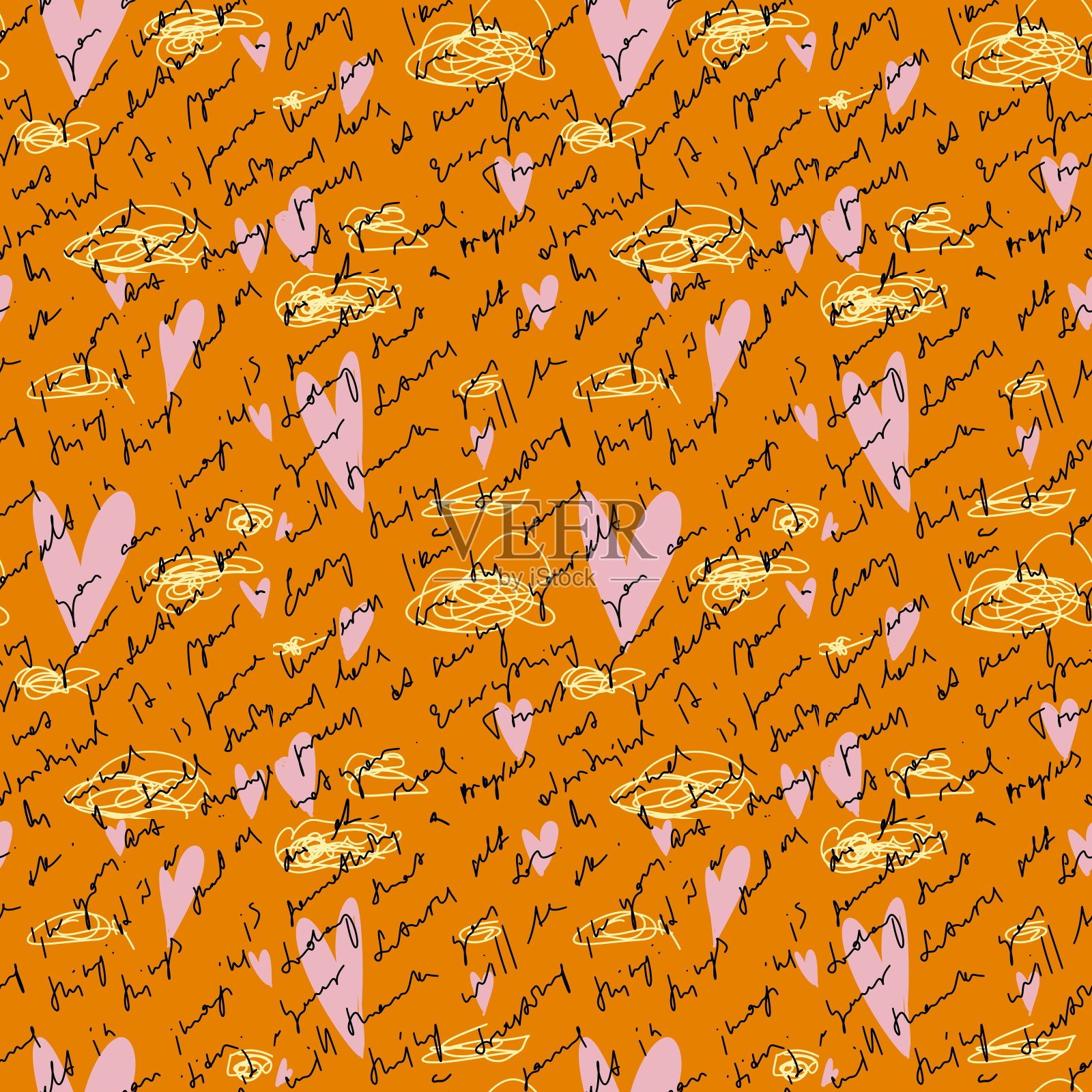 涂鸦粉红色的心手写橙色图案插画图片素材