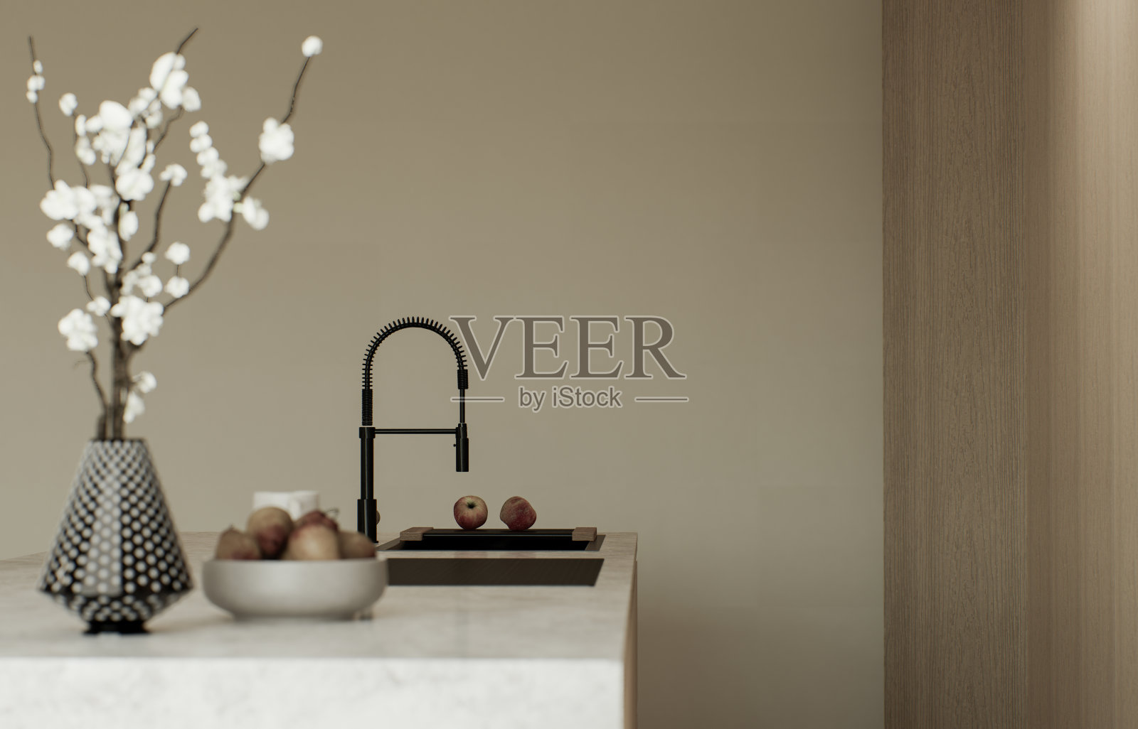 暖色调的厨房工作室。带木制岛台和立面的厨房。米色极简主义厨房，配有大岛台和厨房电器。三维渲染照片摄影图片