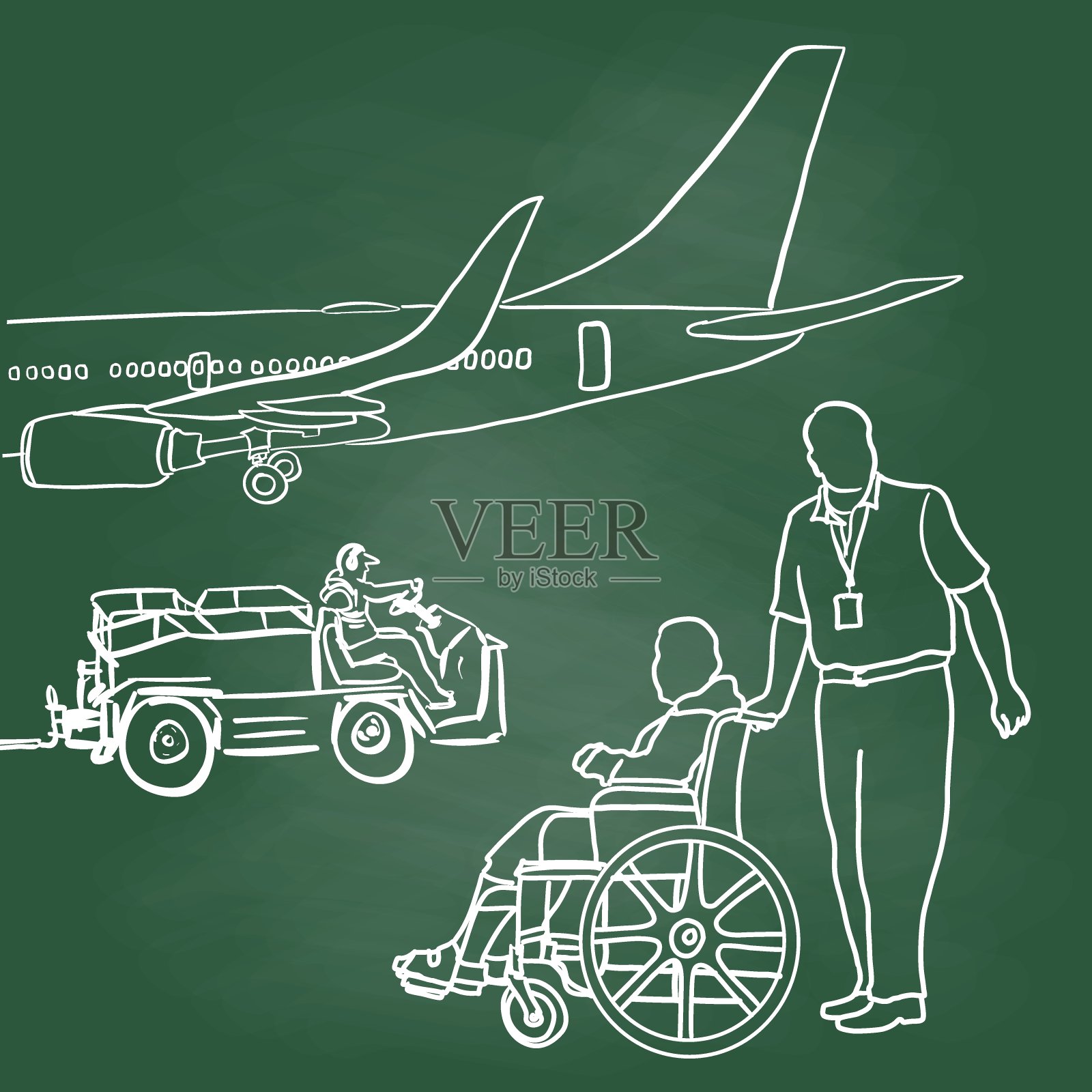 机场轮椅协助黑板插画图片素材