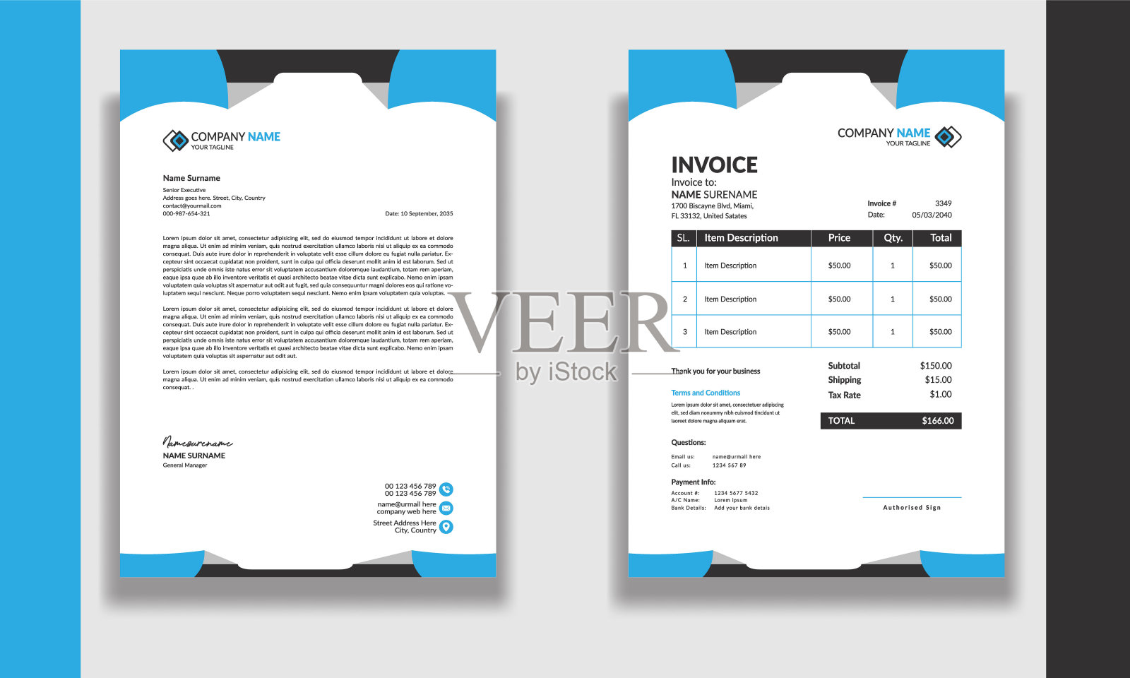 公司现代专业清洁商业发票及信笺设计模板，以黄、蓝、绿、红三色创意现代信笺设计模板为您的项目信笺。插画图片素材