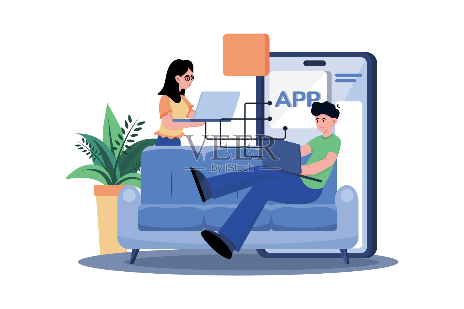 产品团队用笔记本电脑编程移动应用程序插画图片素材