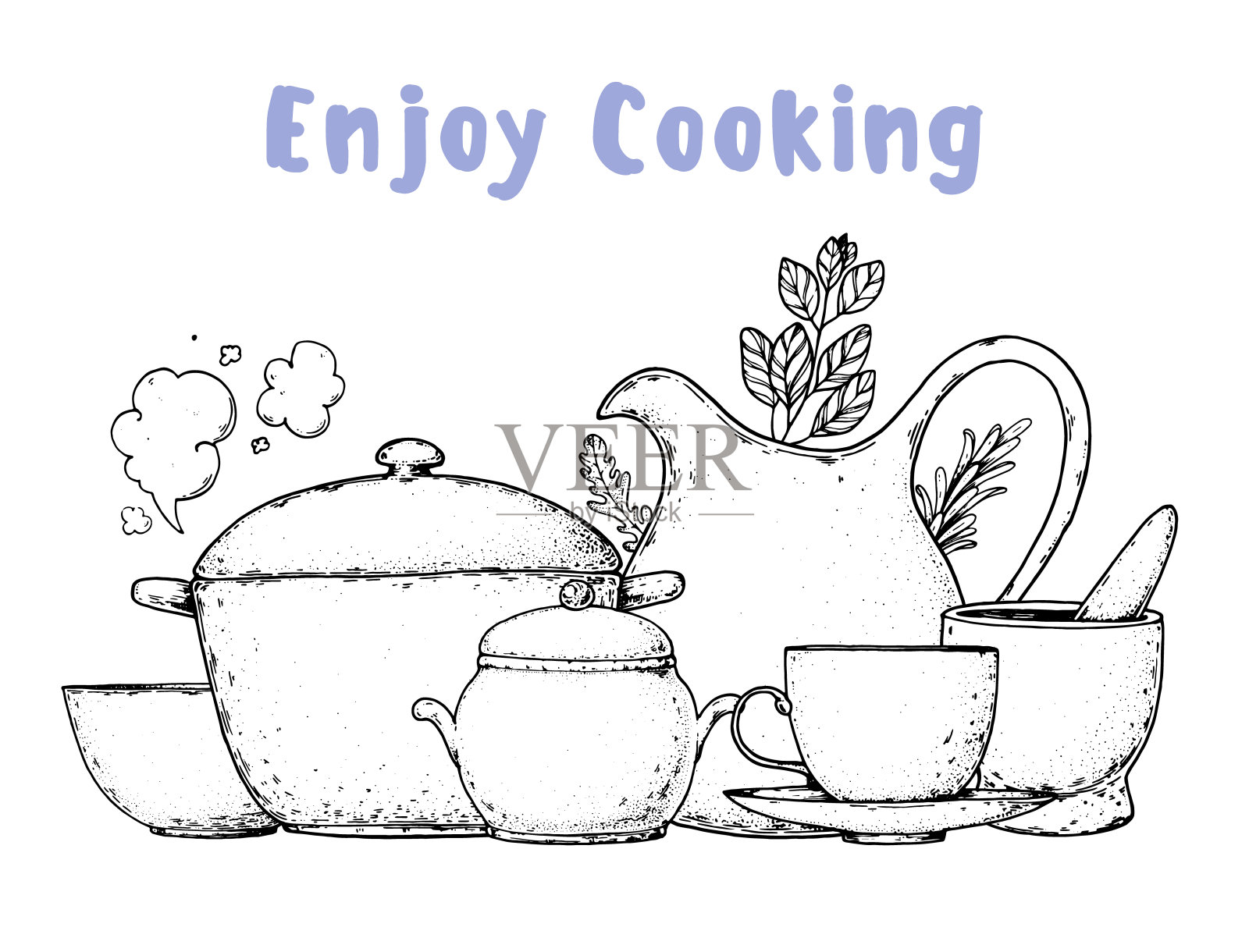 厨房用具的构成。厨房用具矢量插图。厨房用具手绘素描。碗，杯子，香料研磨机，水壶，炖锅，锅插画图片素材