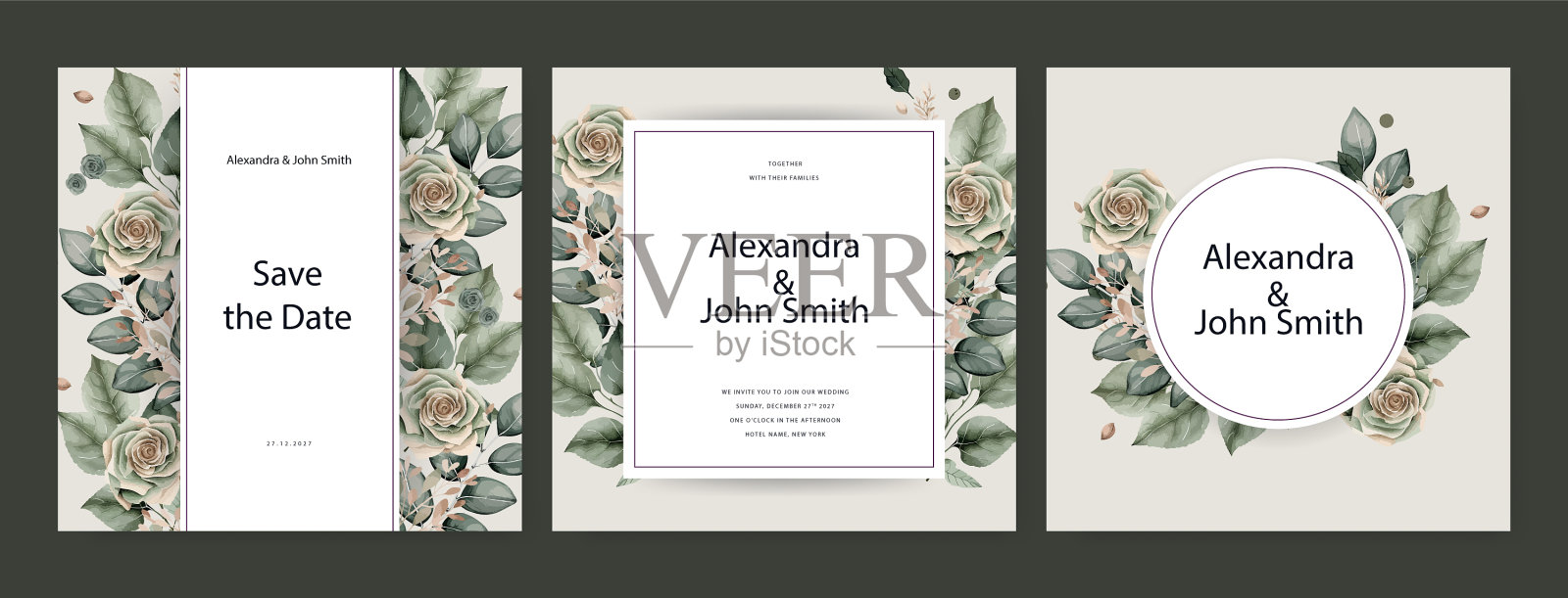 一套白玫瑰花水彩婚礼插画图片素材