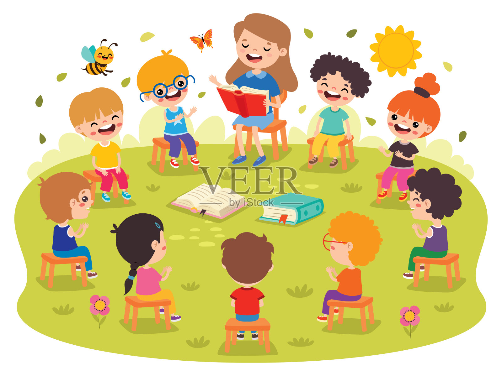 幼儿园的孩子和老师插画图片素材