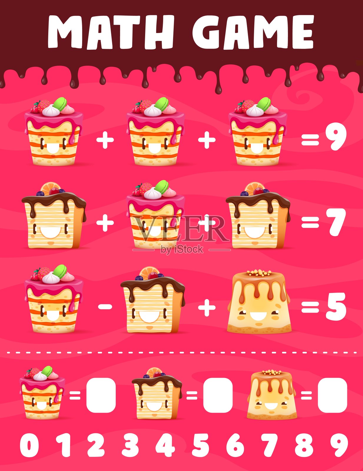 数学游戏工作表卡通纸杯蛋糕人物插画图片素材