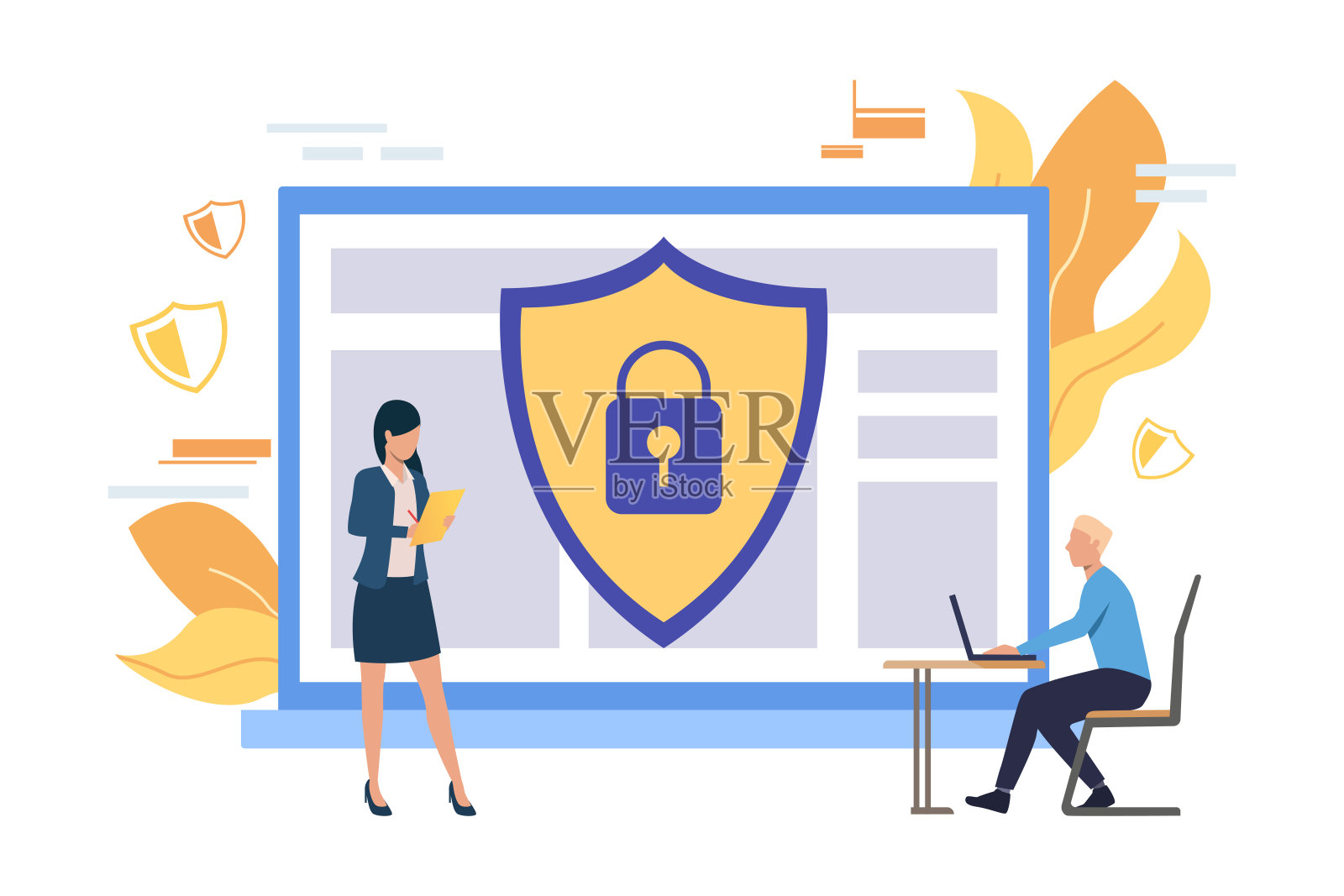 用屏蔽和挂锁矢量插图保护的计算机插画图片素材