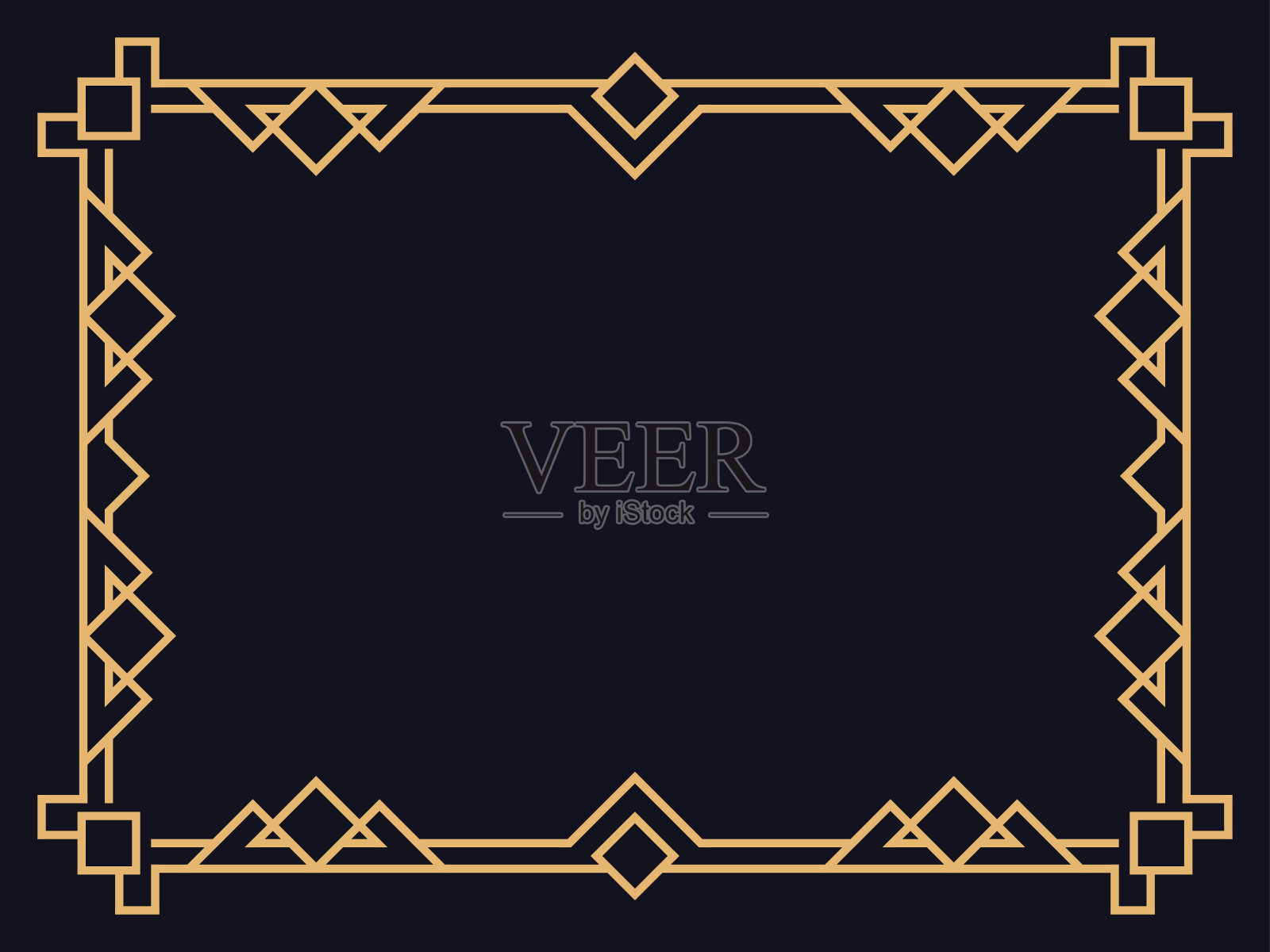 装饰艺术框架。复古线性边框在黑色背景上的金色。为邀请函、传单和贺卡设计一个模板。二十世纪二、三十年代的风格。矢量图插画图片素材