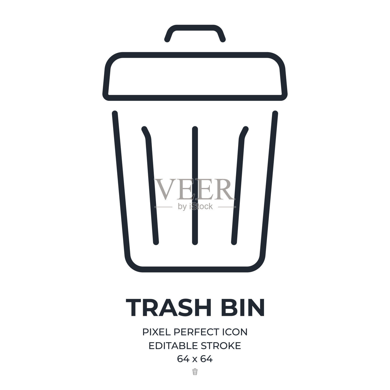 垃圾桶可编辑的笔画轮廓图标隔离在白色背景平面矢量插图。像素完美。64 × 64。图标素材
