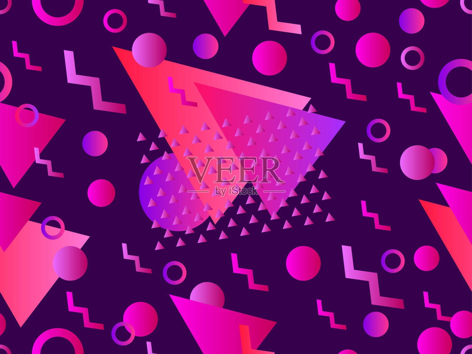 具有几何梯度形状的无缝图案。80年代风格的彩色几何图案。三角形，圆形和之字形。设计横幅，促销产品和海报。矢量图插画图片素材