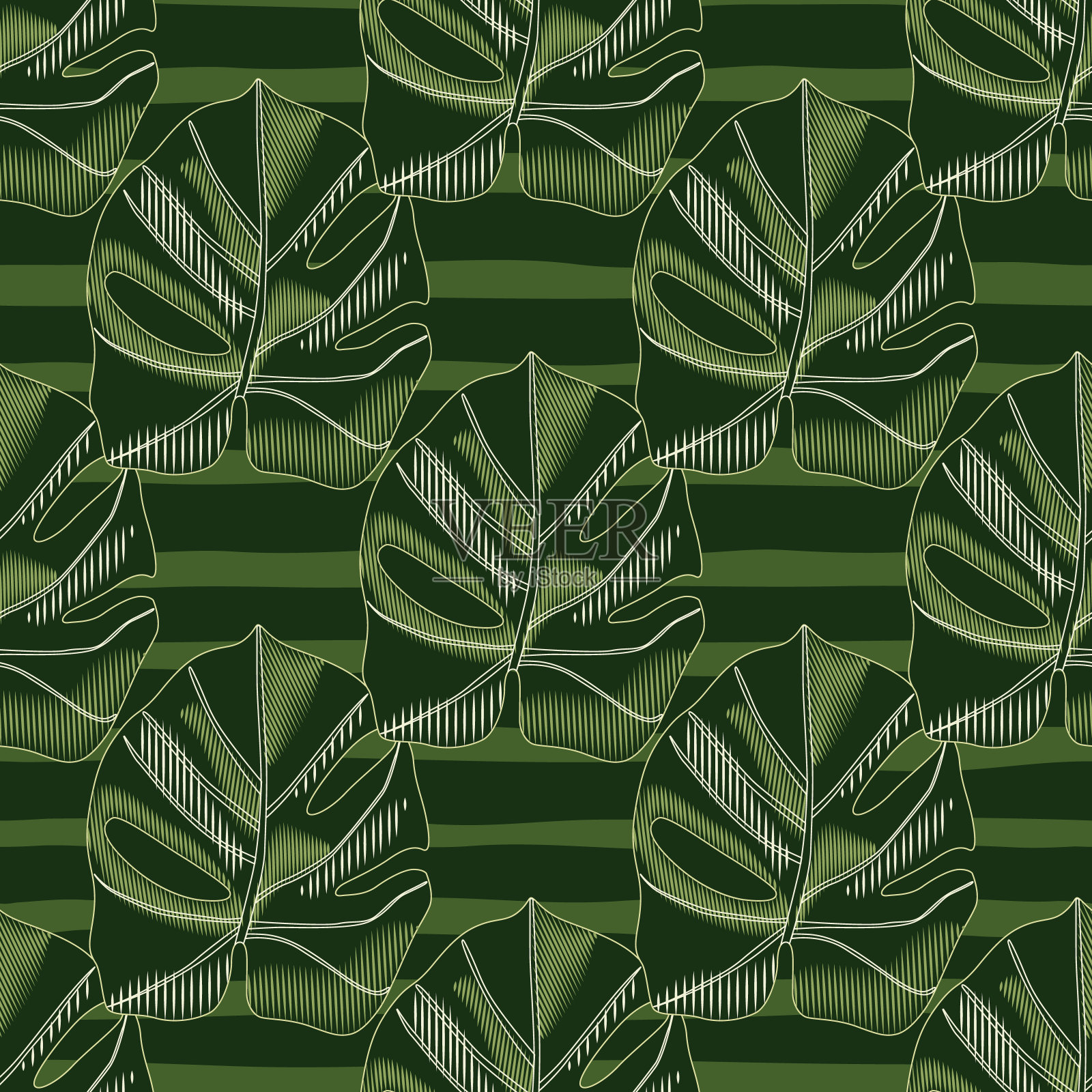创意无缝手绘怪物图案。棕榈叶装饰条纹背景。绿色色调的艺术品。插画图片素材