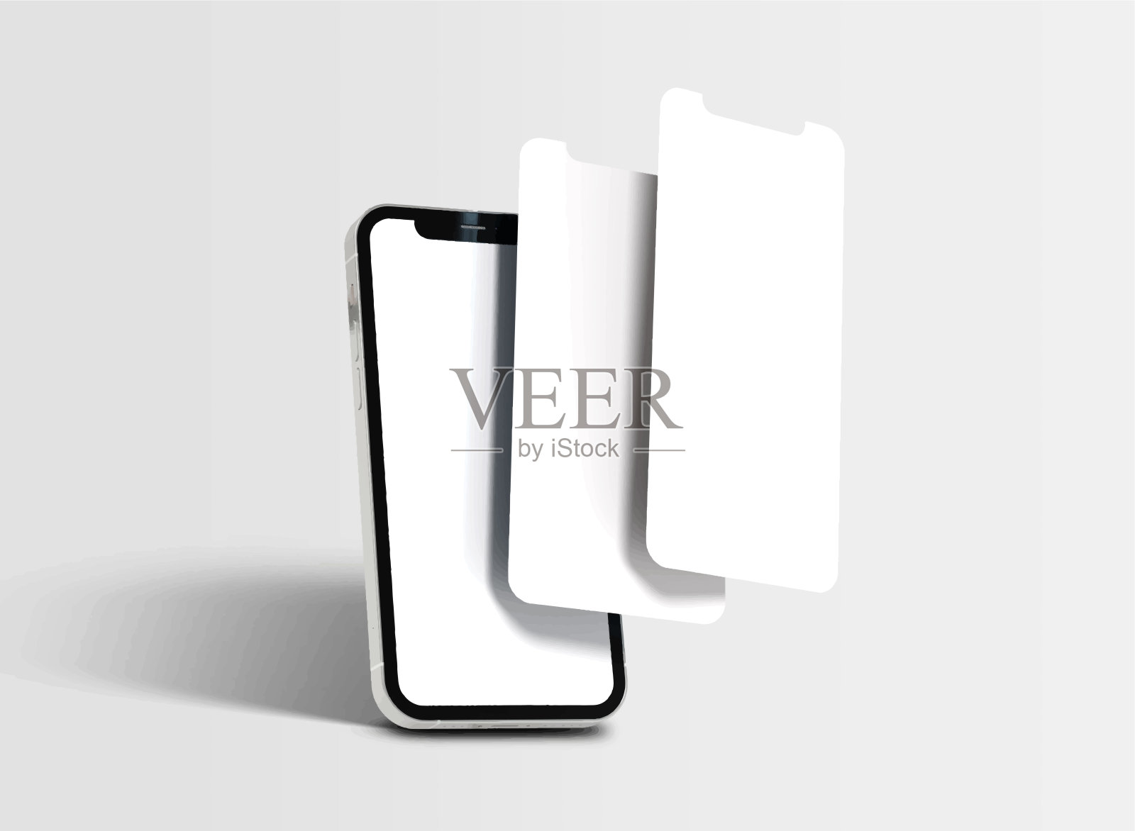 逼真的智能手机模型。手机显示屏，设备屏幕框架和白色智能手机矢量3D模板插图。通讯现代小工具模型展示。插画图片素材