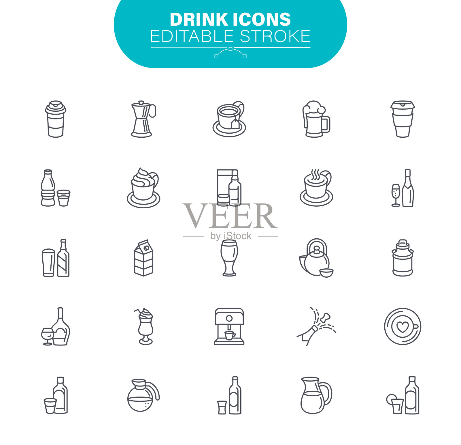 喝行图标。可编辑的中风。包含这样的图标酒精，咖啡，葡萄酒，香槟，啤酒，图标素材