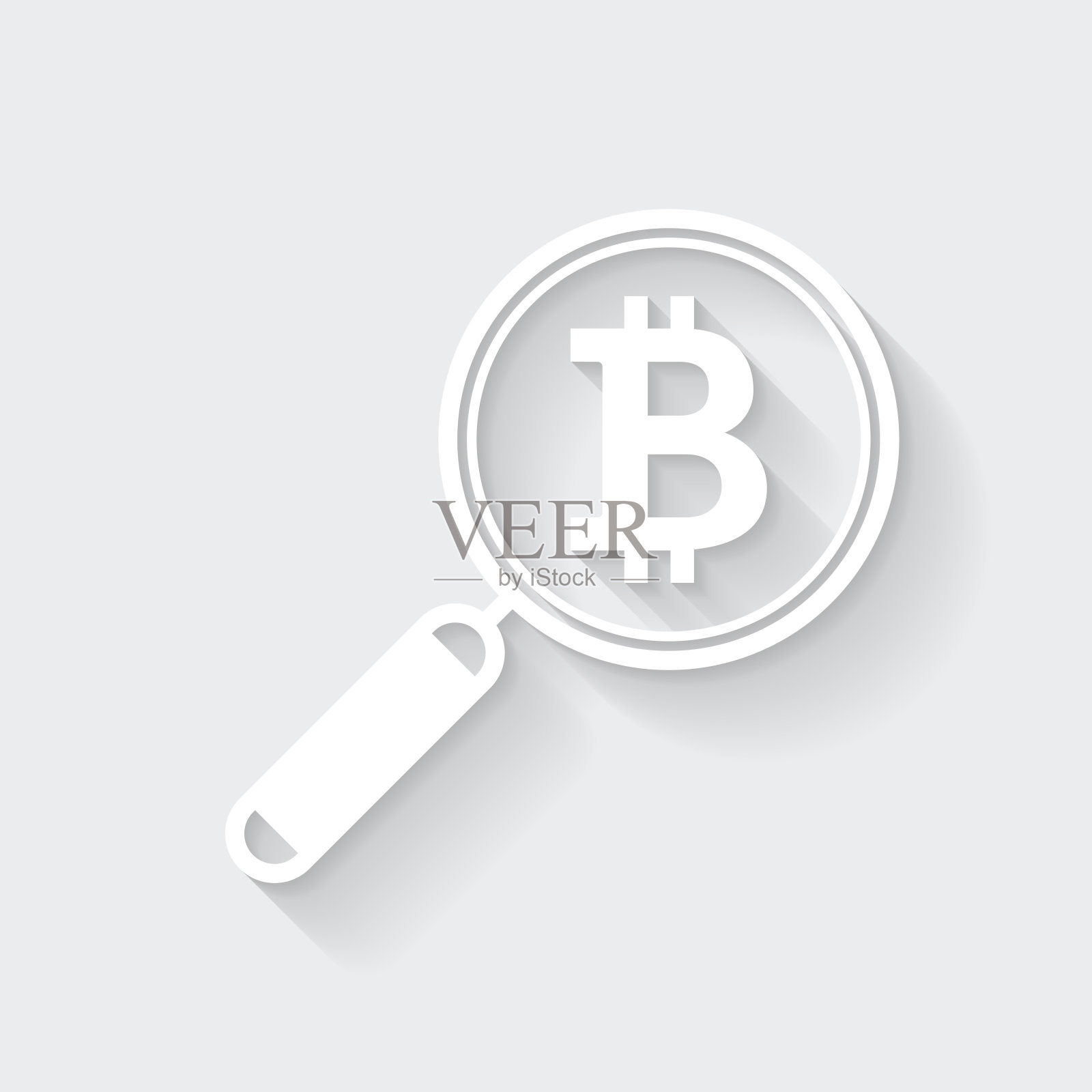 放大镜与比特币符号。图标与空白背景上的长阴影-平面设计插画图片素材