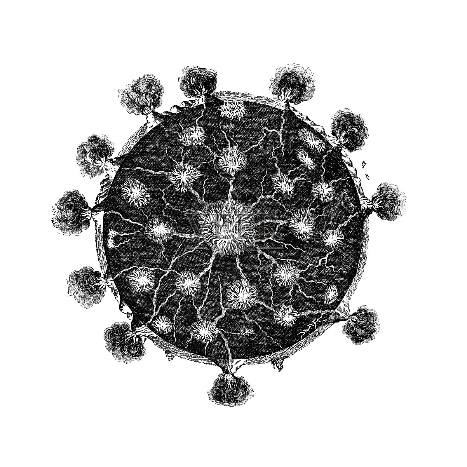 地下的Mundus，第三版:地下火，断层视图的地球，显示内部湖泊的火和活火山插画图片素材