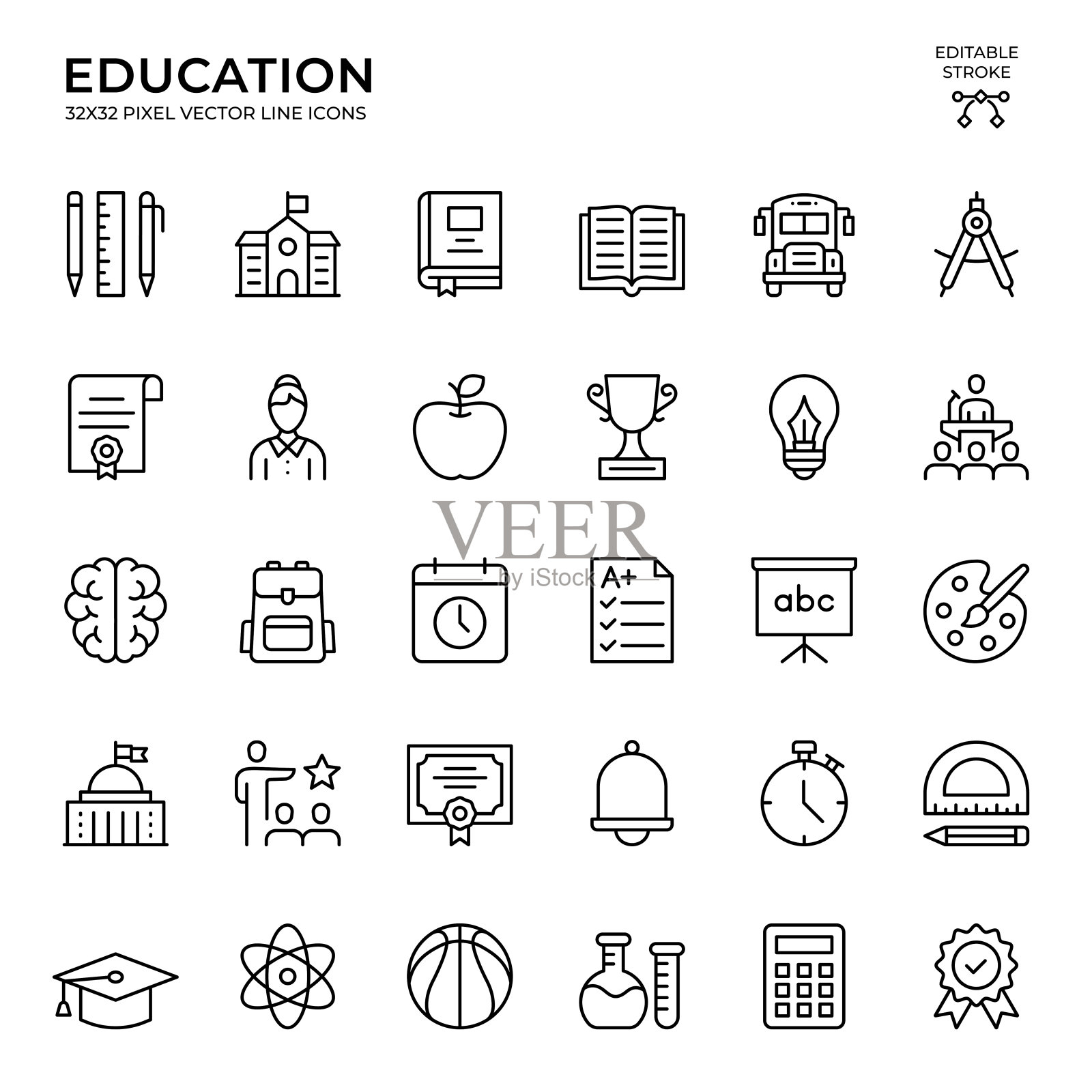 可编辑的笔画矢量图标集的教育插画图片素材