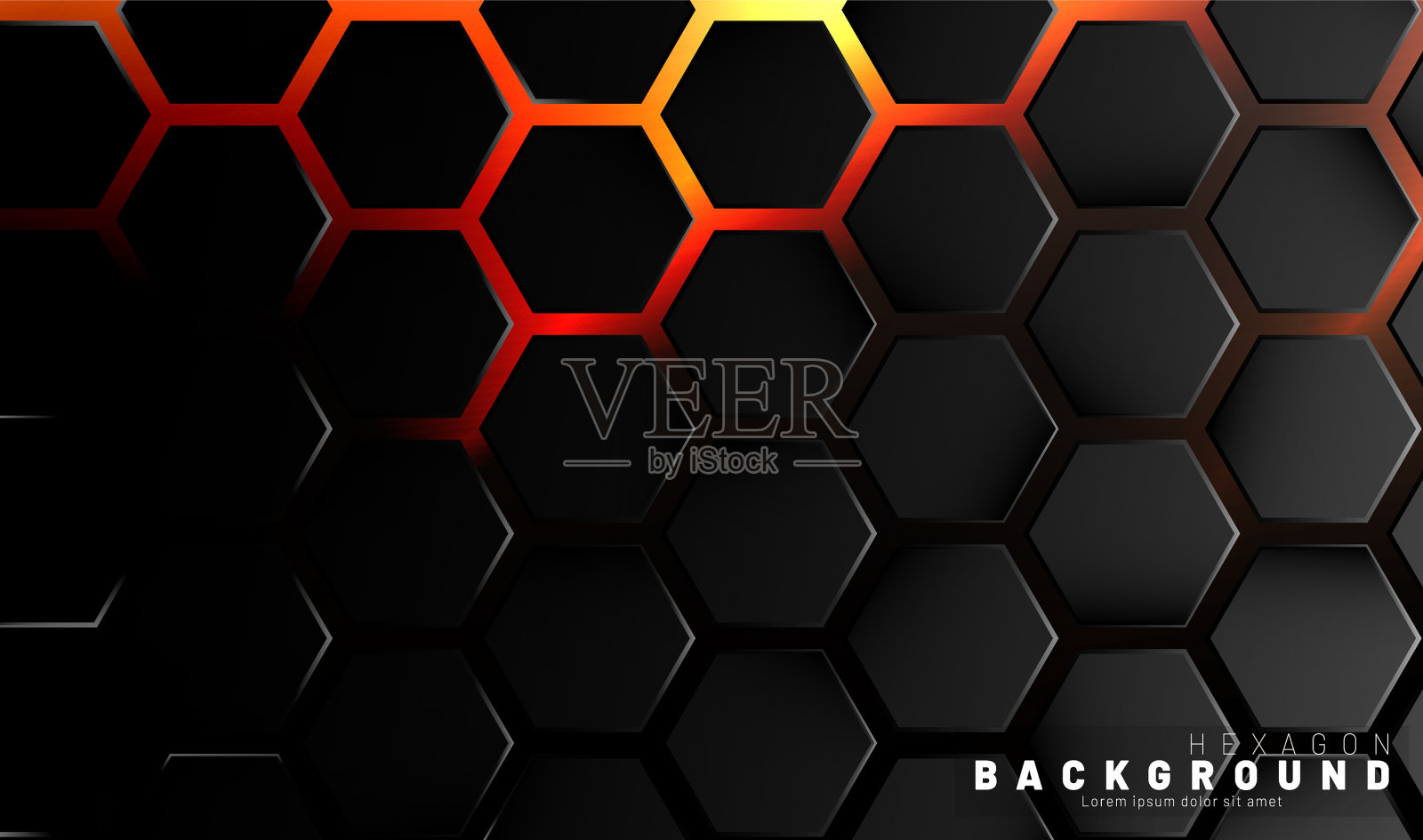 摘要黑色六边形图案上的氖梯度插画图片素材