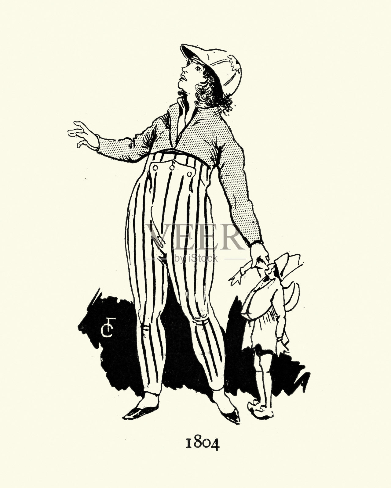 19世纪早期的儿童时尚，男孩，钮扣裤子，帽子插画图片素材