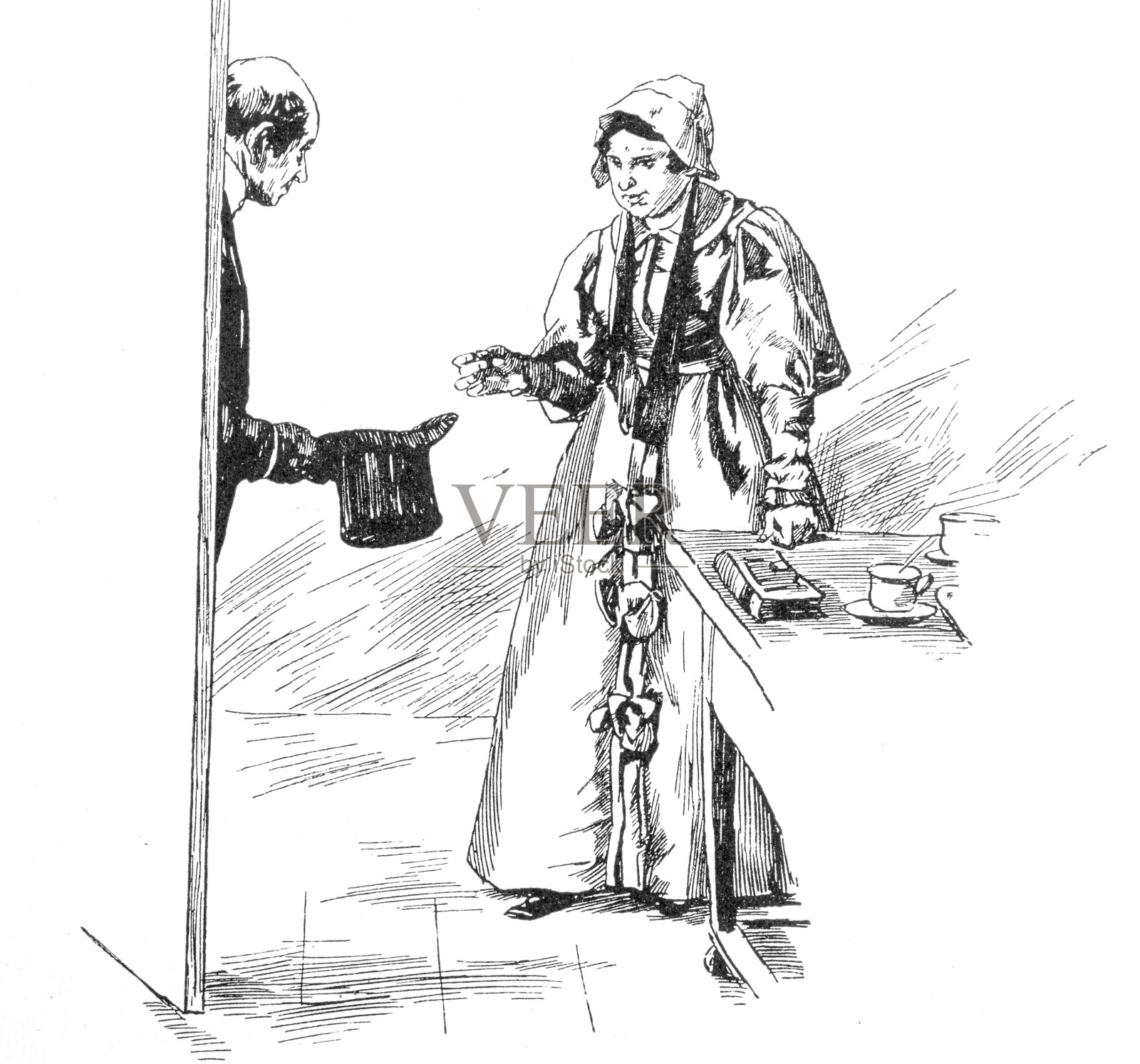 男人脱下大礼帽走进她的房间插画图片素材