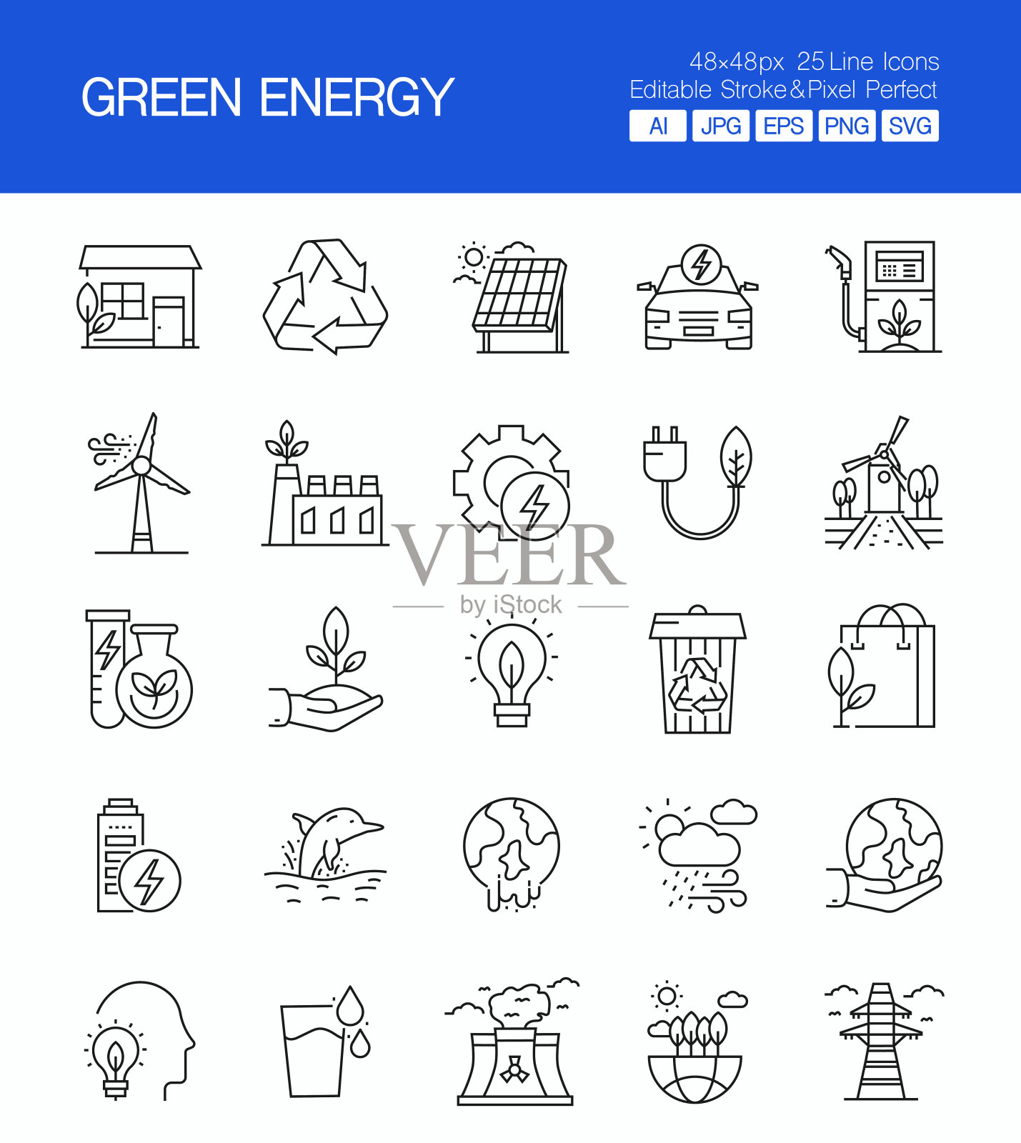 绿色能源细线矢量图标集。设计是可编辑的，颜色可以改变。矢量组的创意图标:电动汽车，回收，太阳能，风能，零排放图标素材