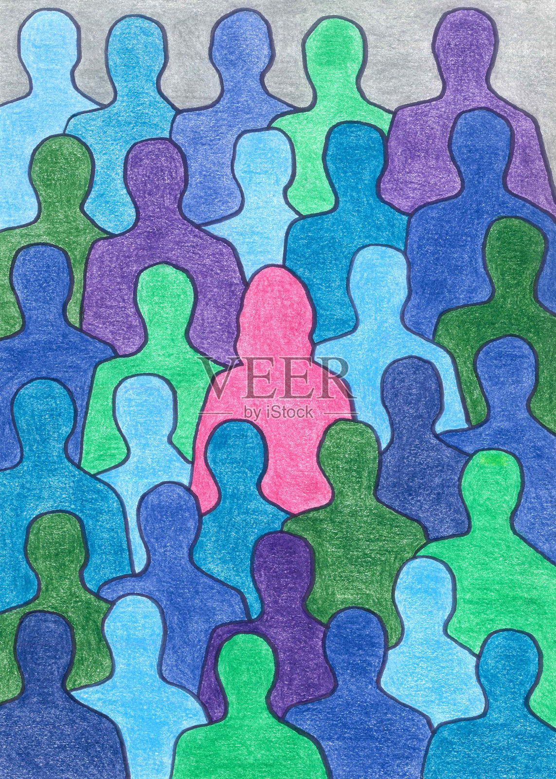 粉色的女人被蓝色和绿色的男人包围插画图片素材