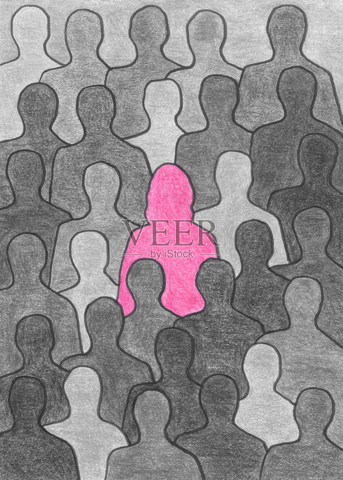 粉色的女人被灰色的男人包围插画图片素材