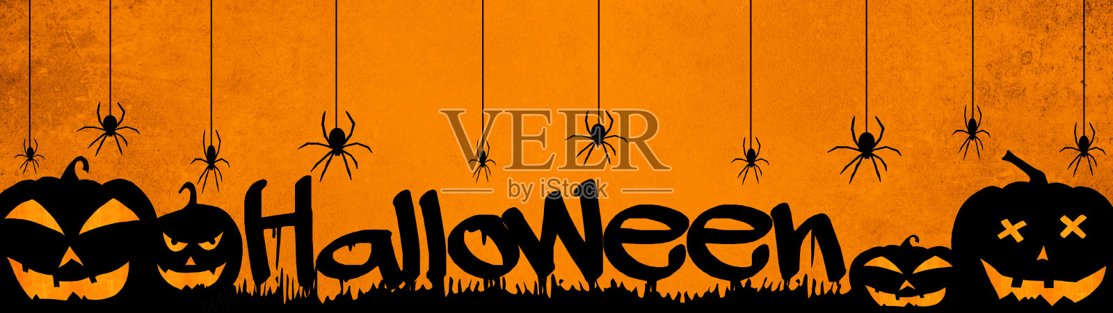万圣节背景横幅宽全景全景模板-可怕的剪影雕刻夜光卡通南瓜和蜘蛛孤立在黑暗橙色的夜晚纹理照片摄影图片