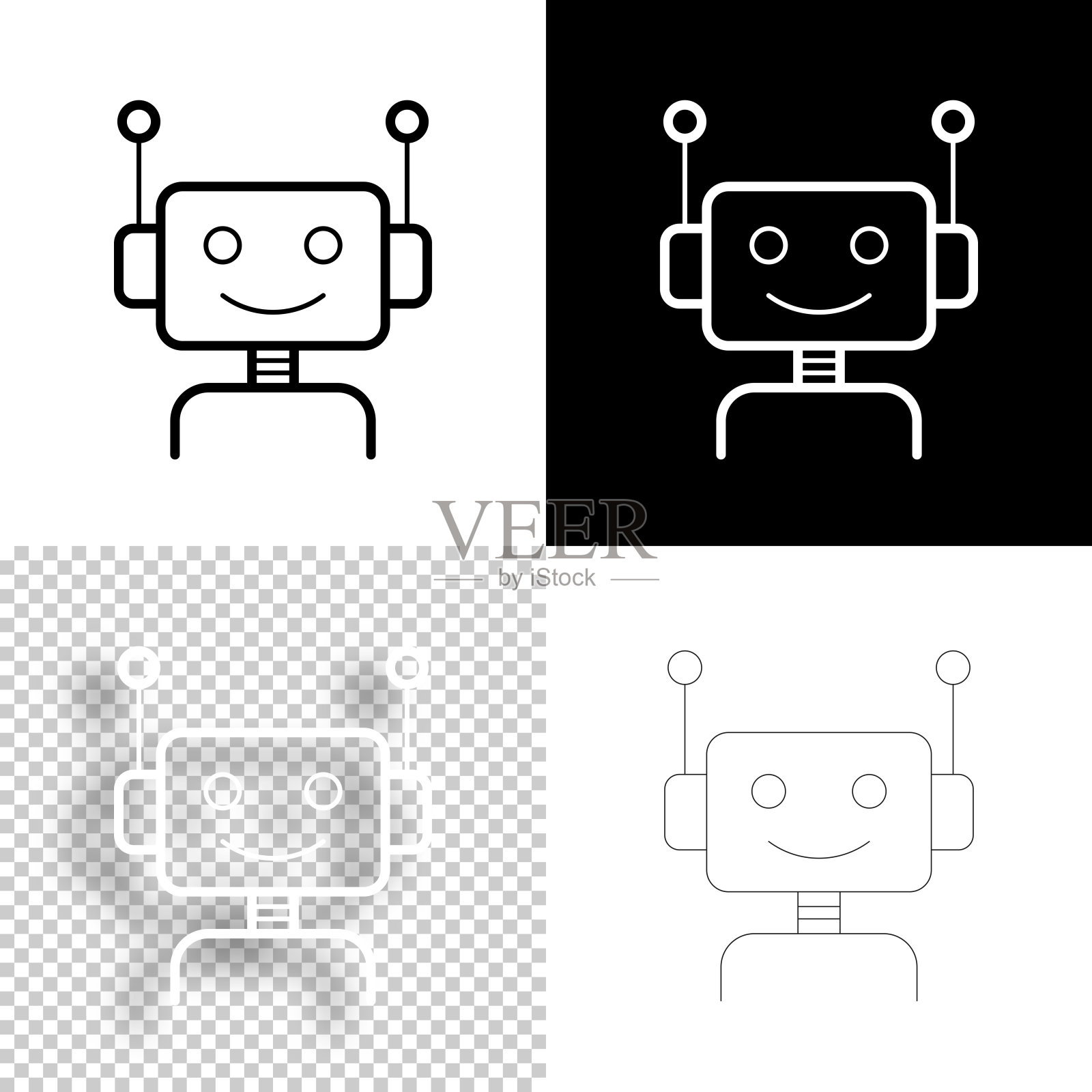 机器人-机器人的头。图标设计。空白，白色和黑色背景-线图标插画图片素材