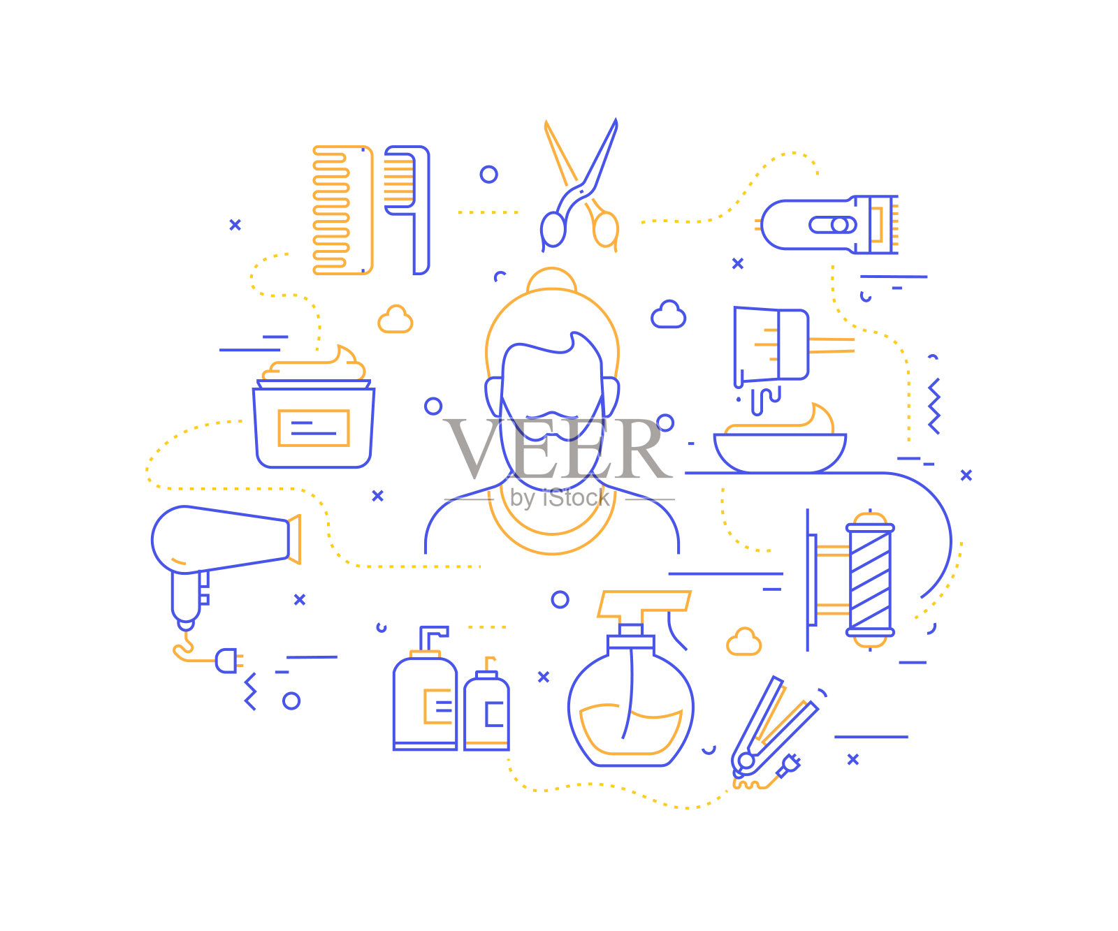 理发店相关的线风格横幅设计网页，标题，小册子，年度报告和书的封面插画图片素材