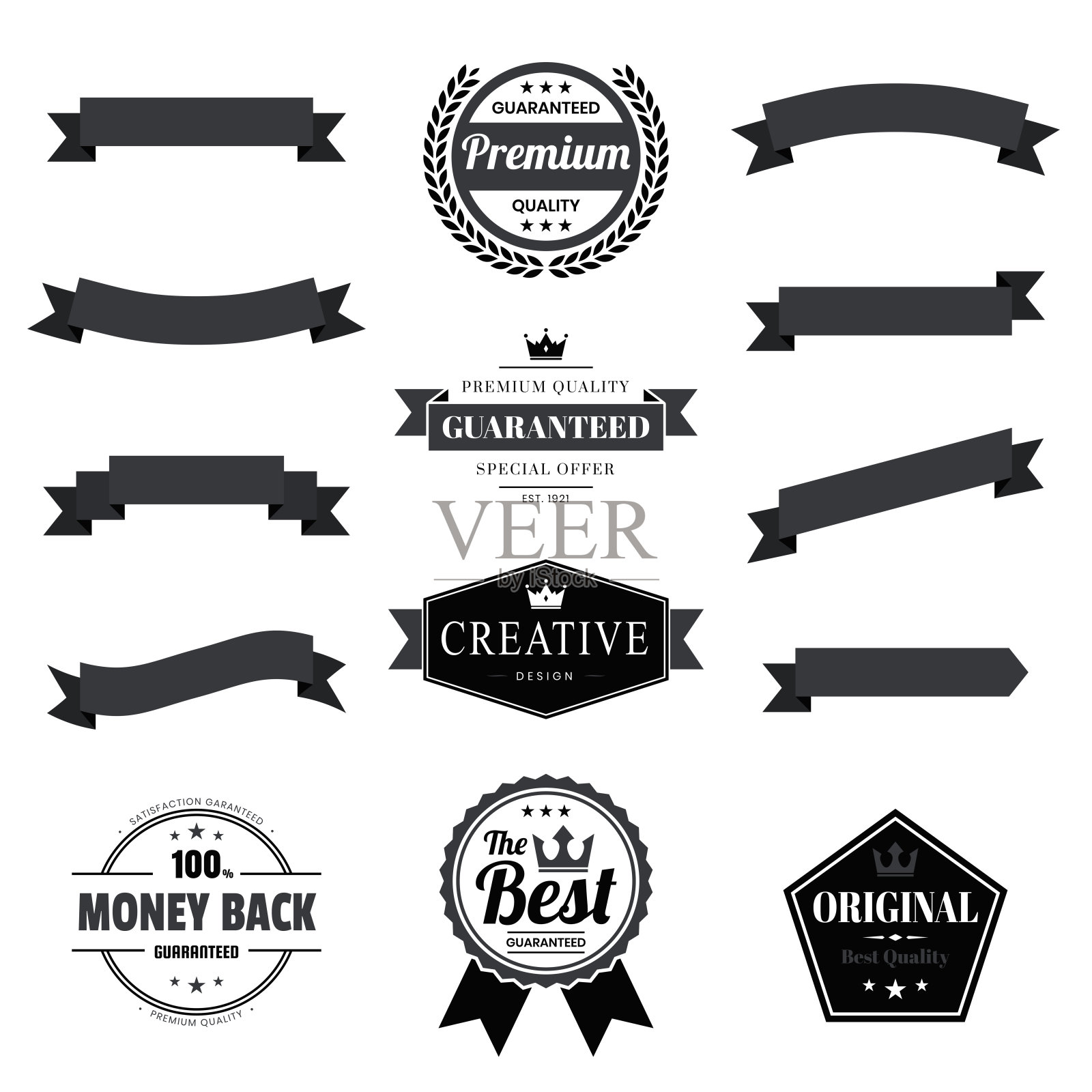 套黑丝带，横幅，徽章，标签-在白色背景上的设计元素插画图片素材