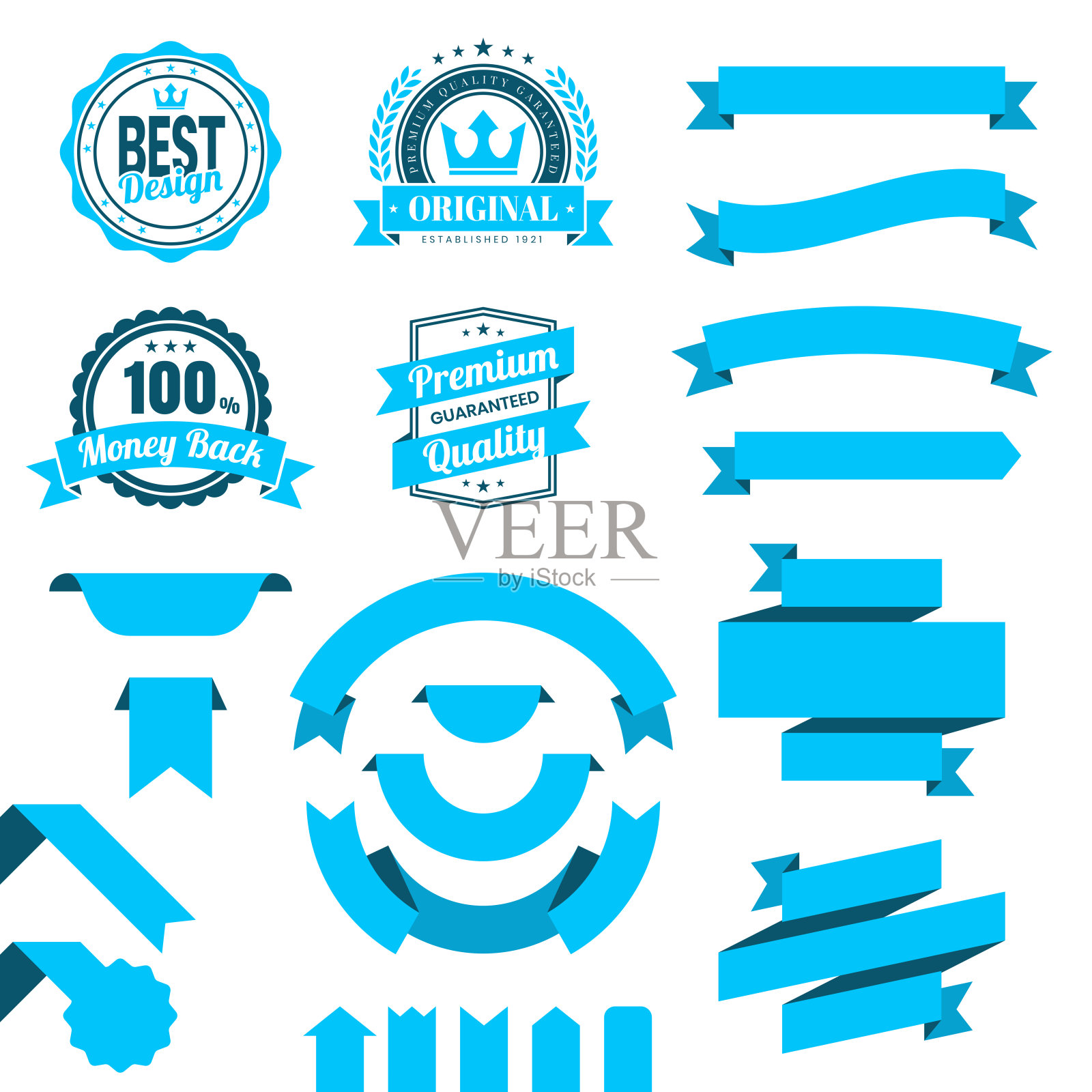 套蓝丝带，横幅，徽章，标签-在白色背景上的设计元素插画图片素材