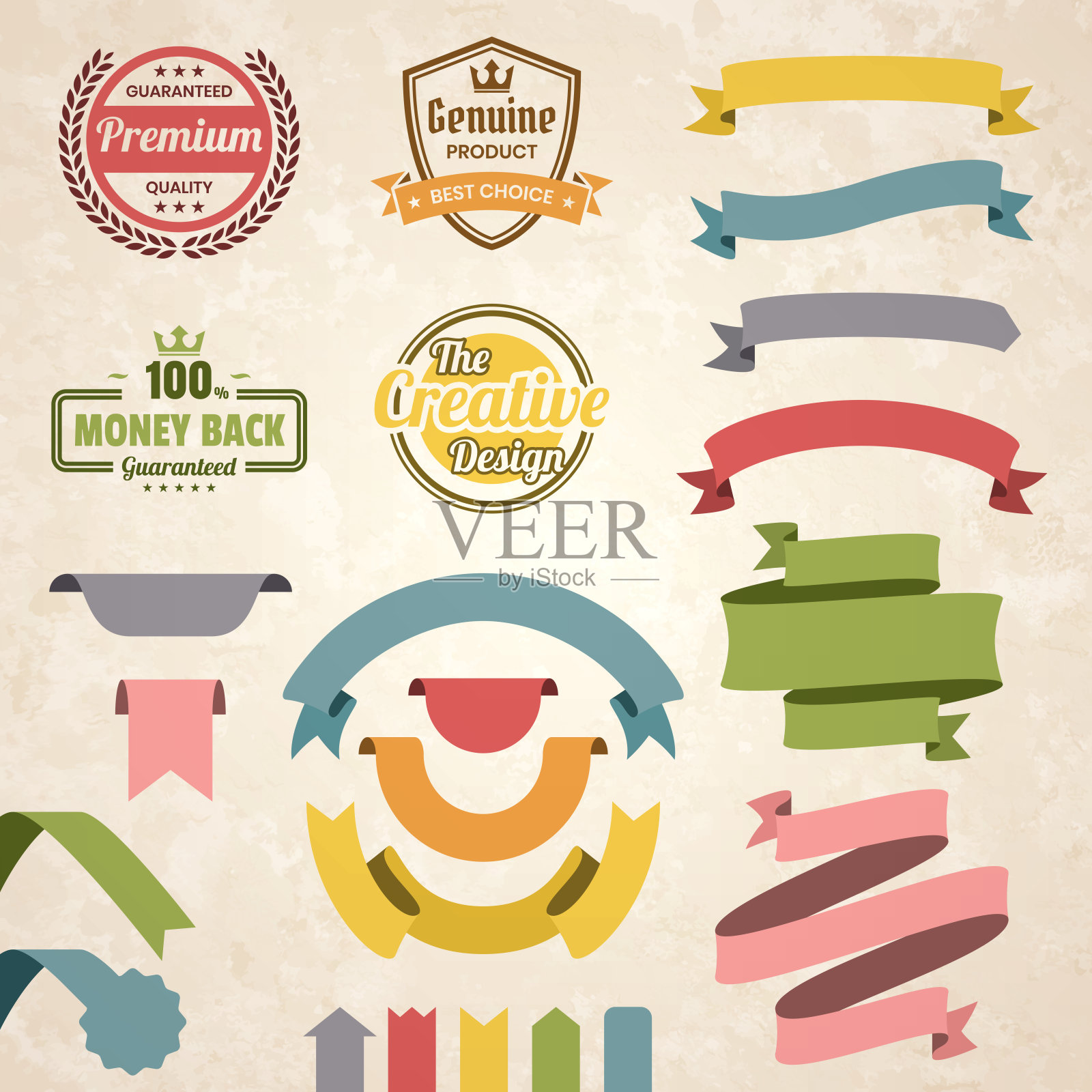 一套彩色复古丝带，横幅，徽章，标签-设计元素的复古背景插画图片素材