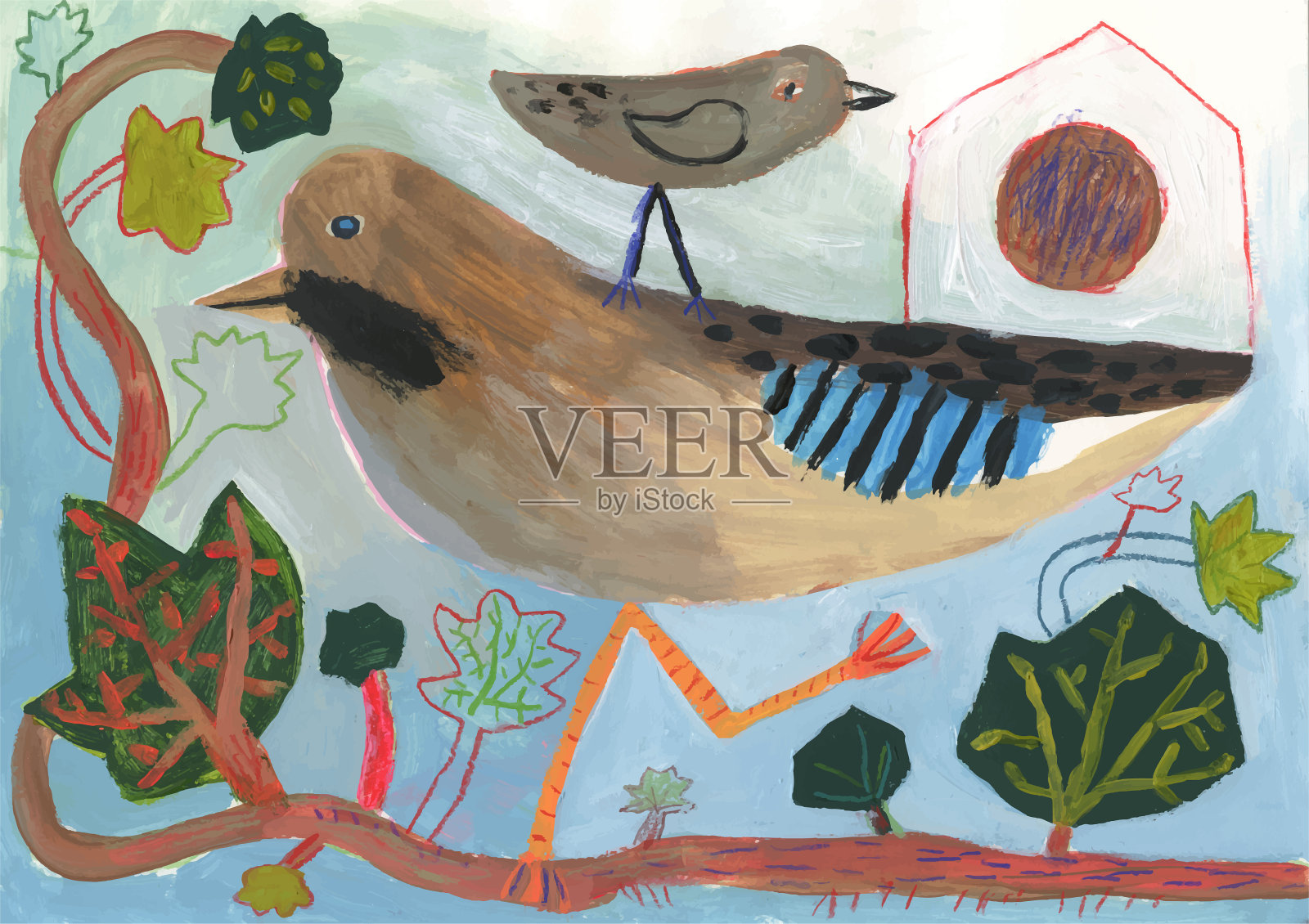 小鸟一家住在小房子里插画图片素材