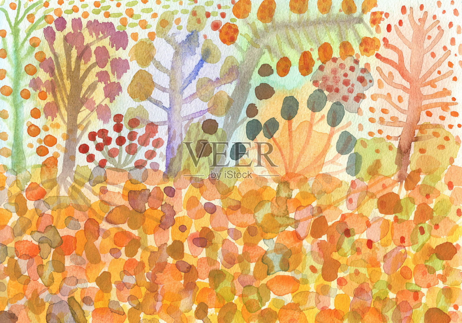 秋天的树和落叶的背景插画图片素材