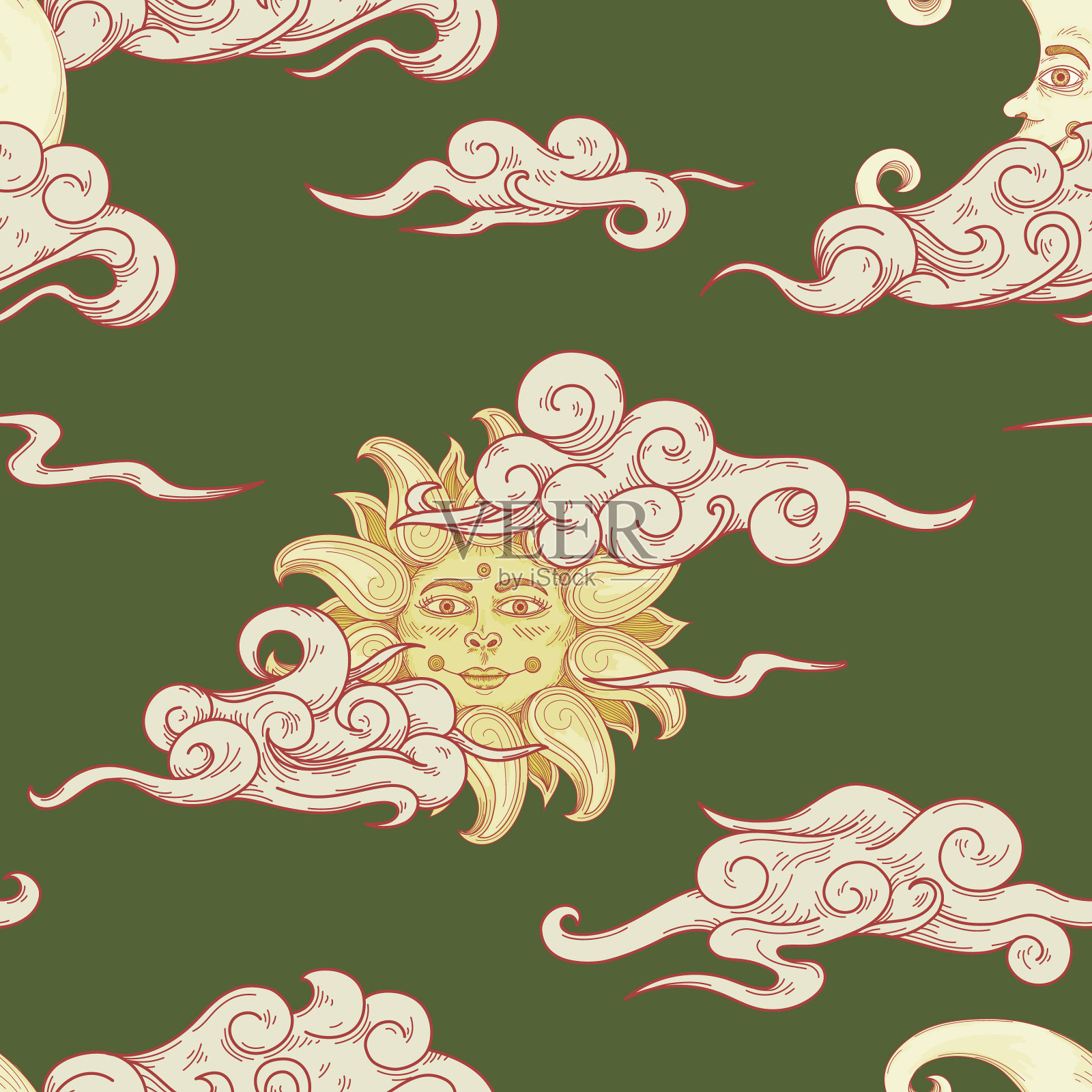 日月云风雕刻无缝图案插画图片素材