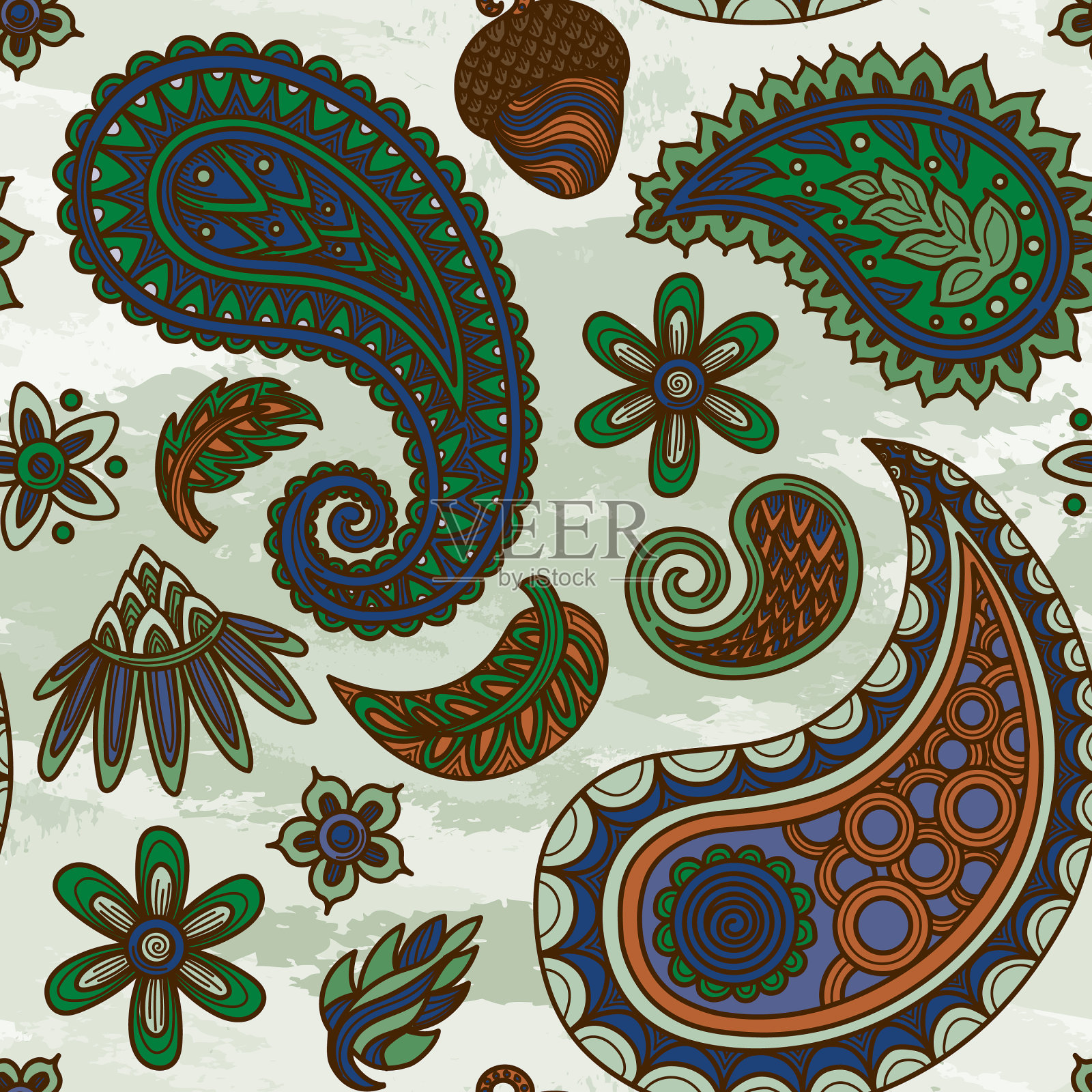 20世纪60年代灵感的秋季嬉皮佩斯利无缝图案插画图片素材