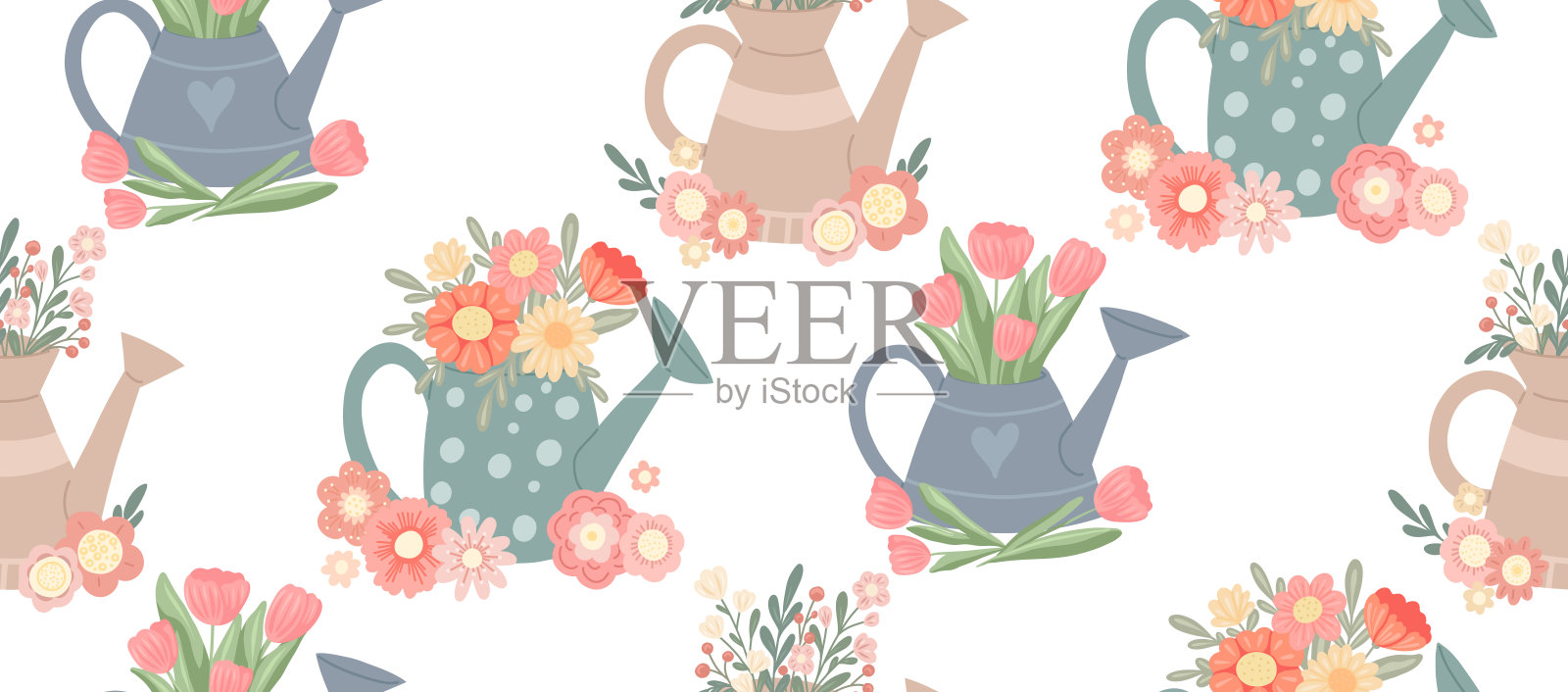 矢量，无缝模式与洒水罐与郁金香和野花在白色的背景。夏日浪漫的质感与花束在花瓶。插画图片素材
