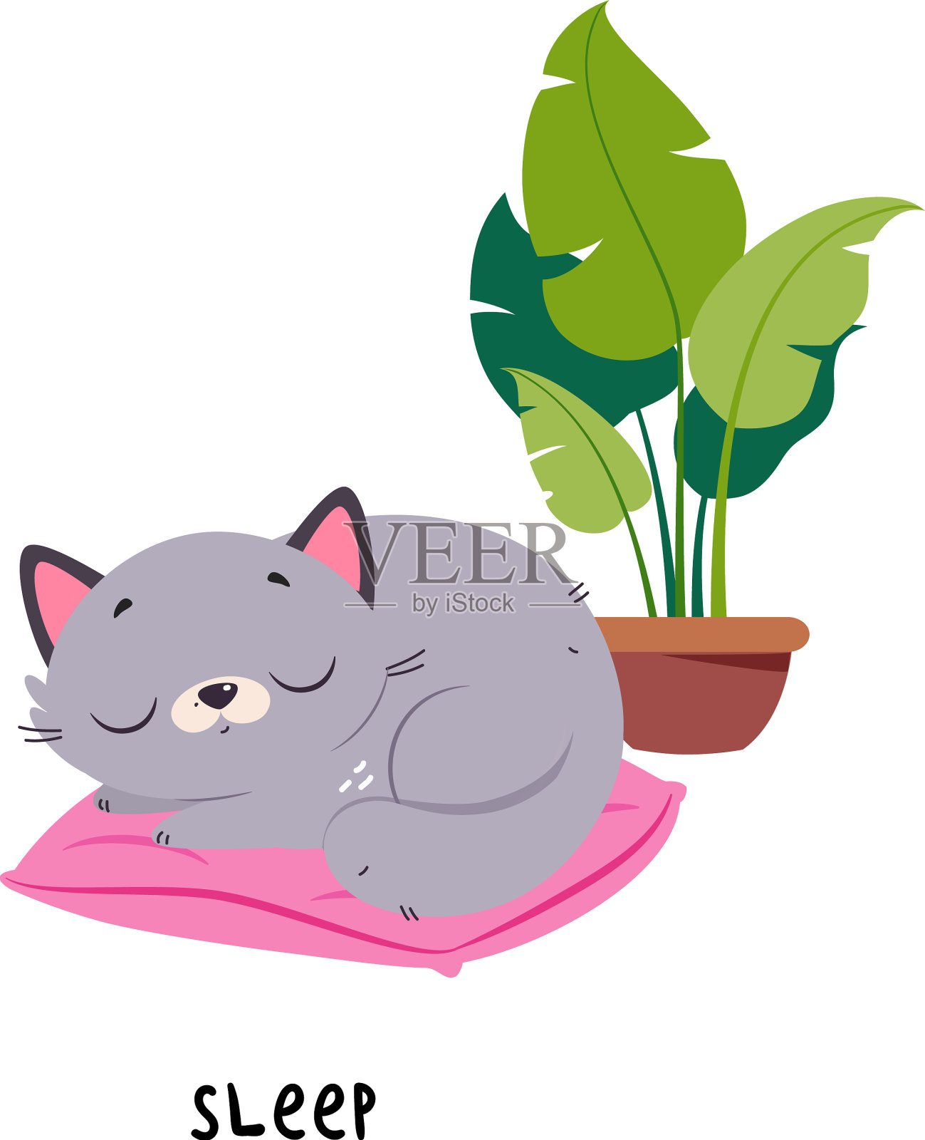 有趣的灰猫睡在枕头上作为英语动词设计元素图片