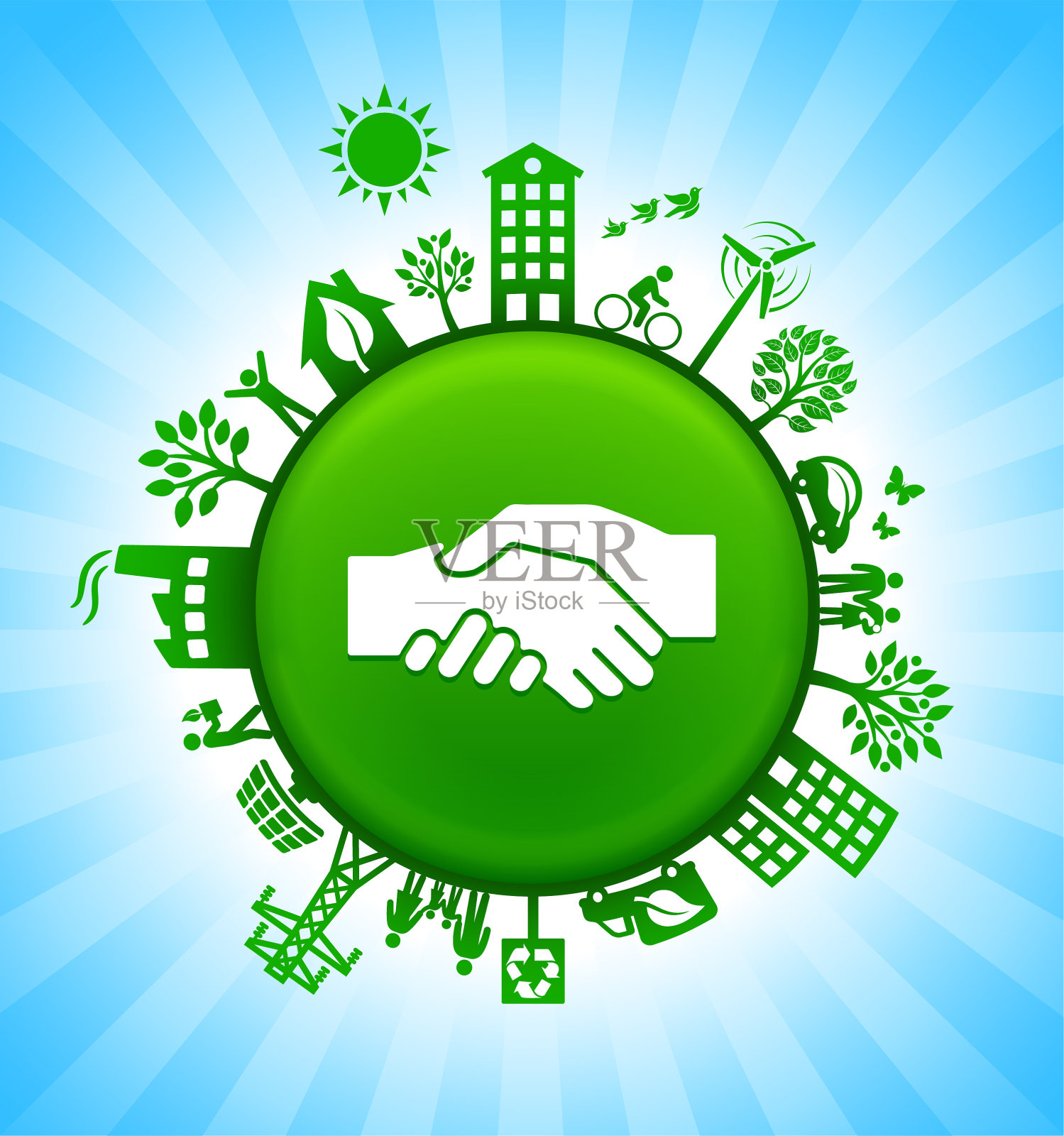 握手环境绿色按钮背景在蓝天插画图片素材