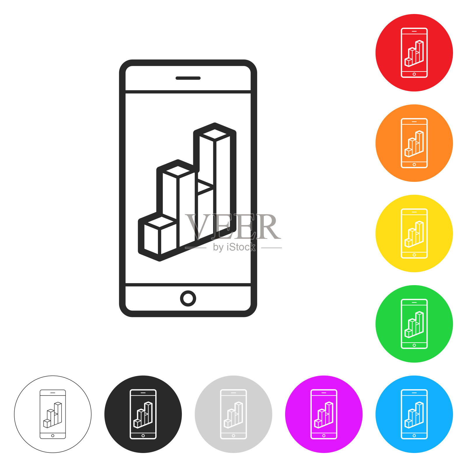 智能手机与3D图表。彩色按钮上的图标图标素材