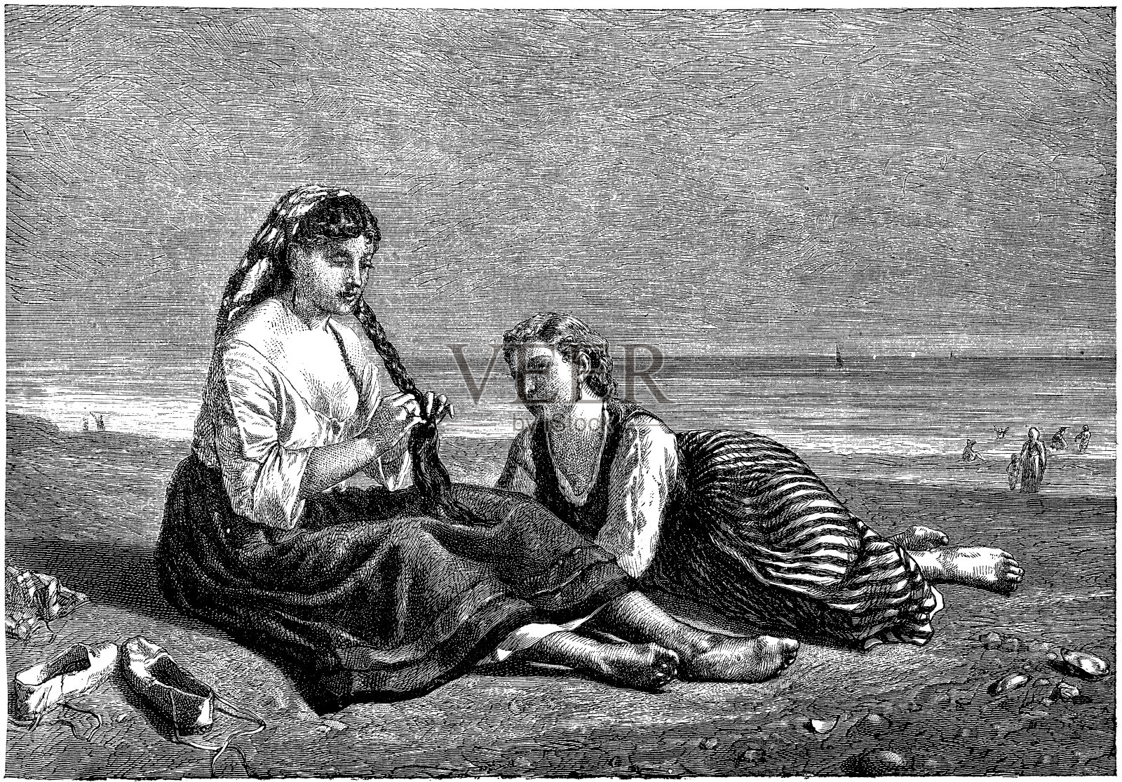 海边的巴斯克妇女，19世纪插画图片素材