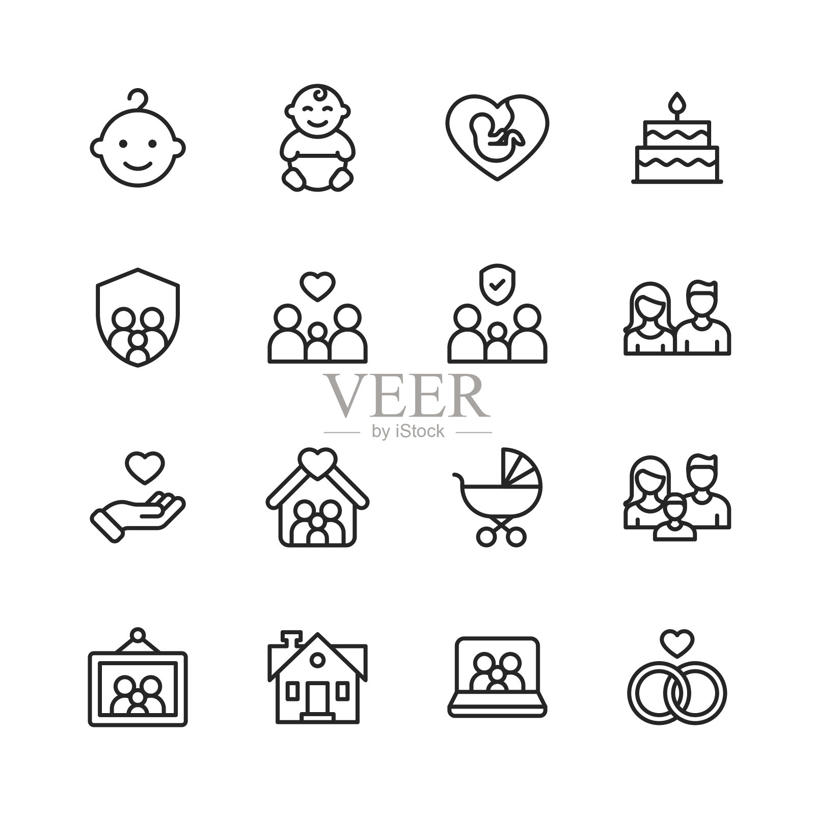 家庭行图标。可编辑的中风。像素完美。移动和网络。包含家庭，父母，父亲，母亲，孩子，家，爱，关怀，怀孕，握手，支持，团聚，社区，多代家庭，社交聚会。图标素材