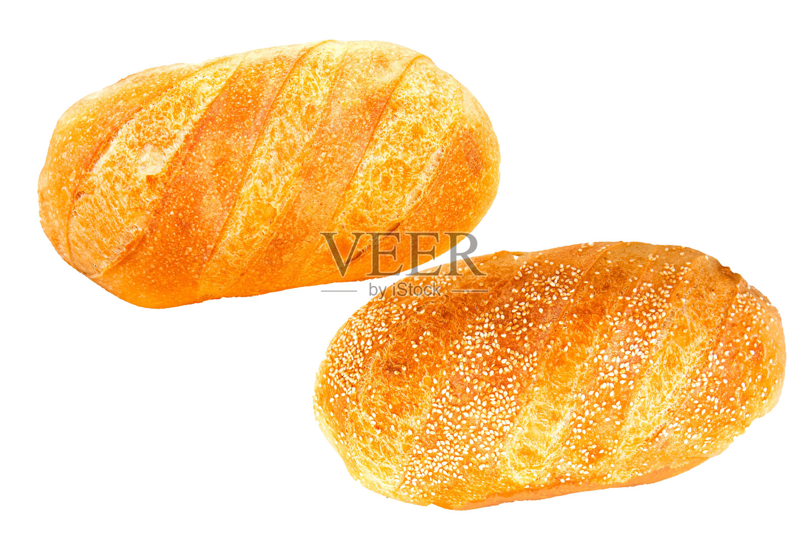 两种不同类型的白面包被隔离在白色背景上。照片摄影图片