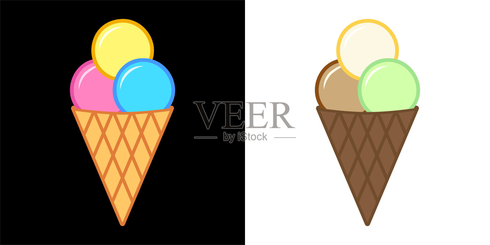 不同口味的冰淇淋蛋筒。插画图片素材